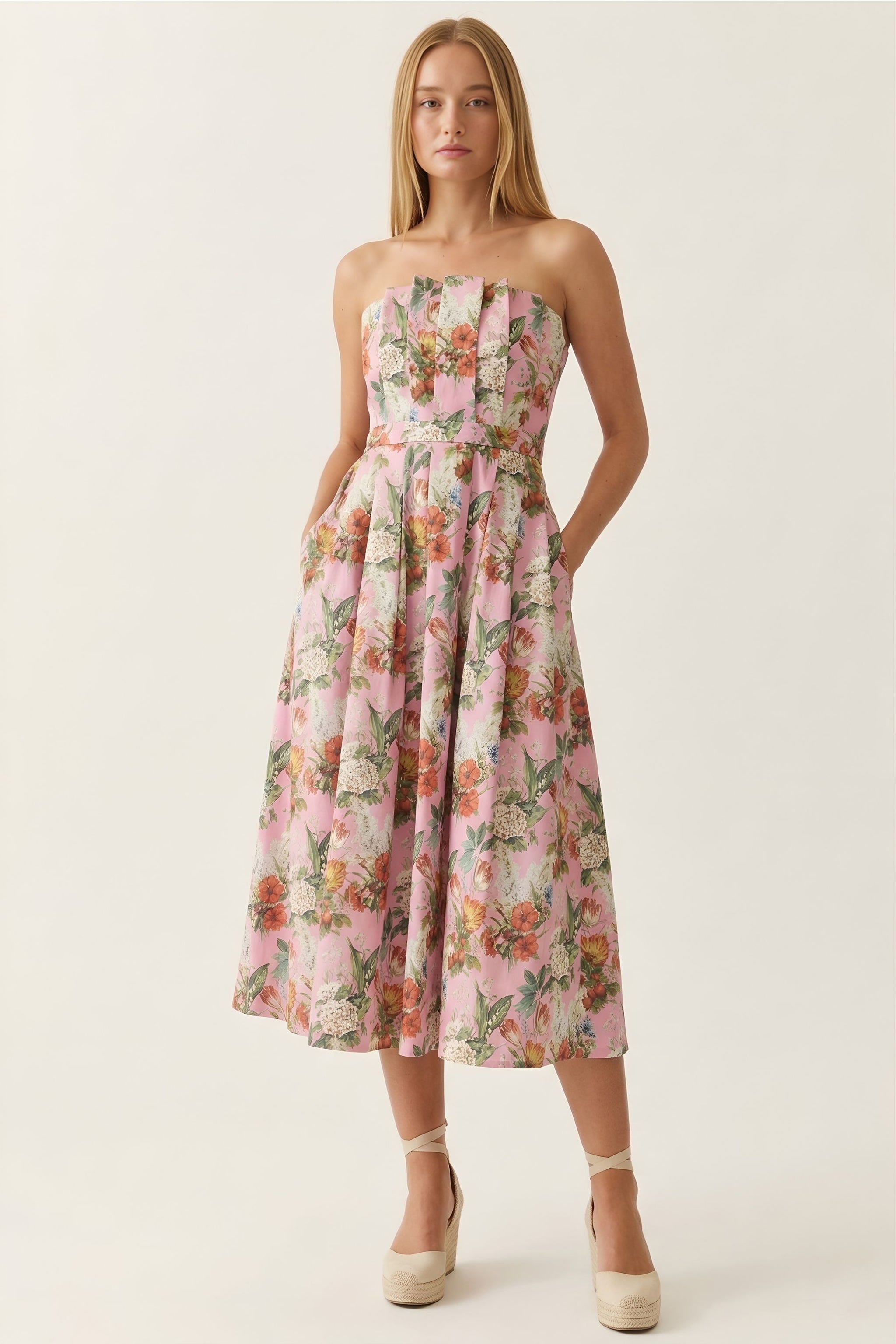 blue ivy pink strapless dress Strapless pink maxi dress with blue-flowered pattern, Glow-Up XL / 10 / Pink-Blue
