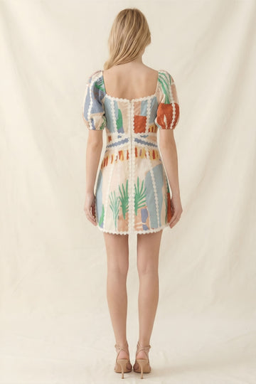 puff short sleeve dress Sunset Mosaic Mini Dress MULTIBLUE / L
