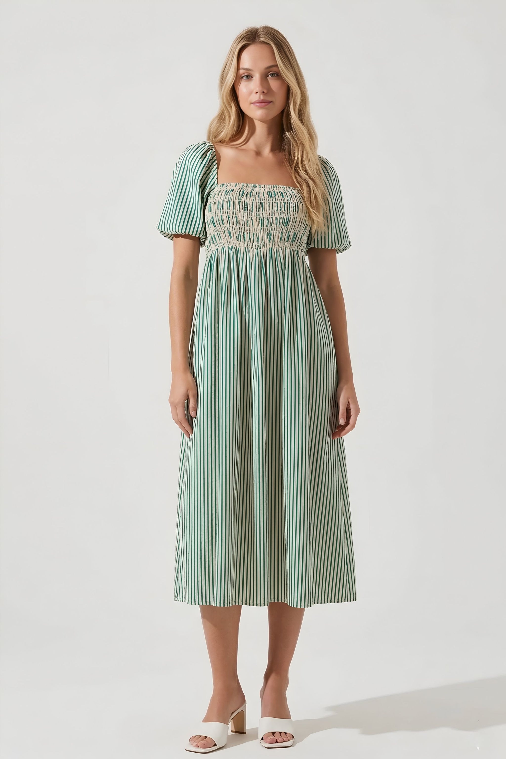 Arnold Smocked Stripe Midi Dress GREEN / L Arnold Smocked Stripe Midi Dress GREEN / L