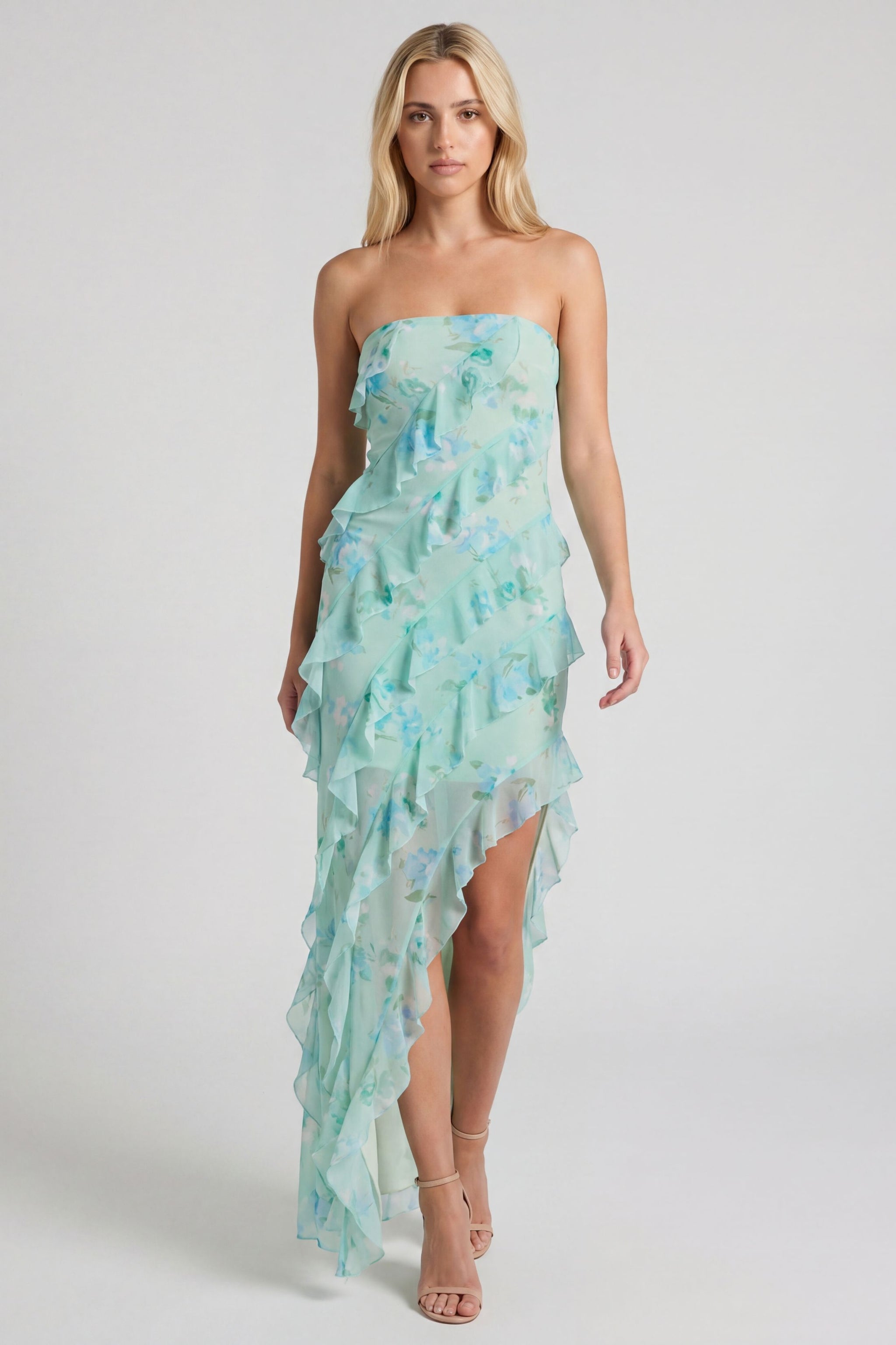 Lia Mesh Ruffle Slit Maxi Dress
