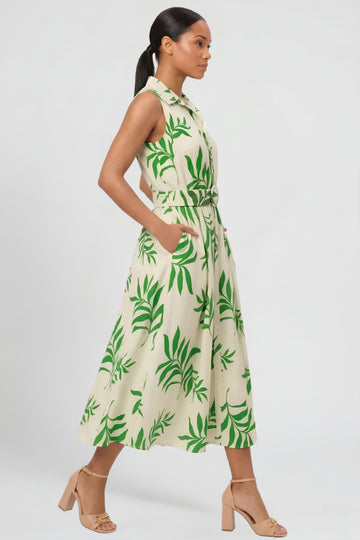 green belted midi dress GREEN DAYDREAM WOVEN MIDI DRESS, IVORY GREEN / L