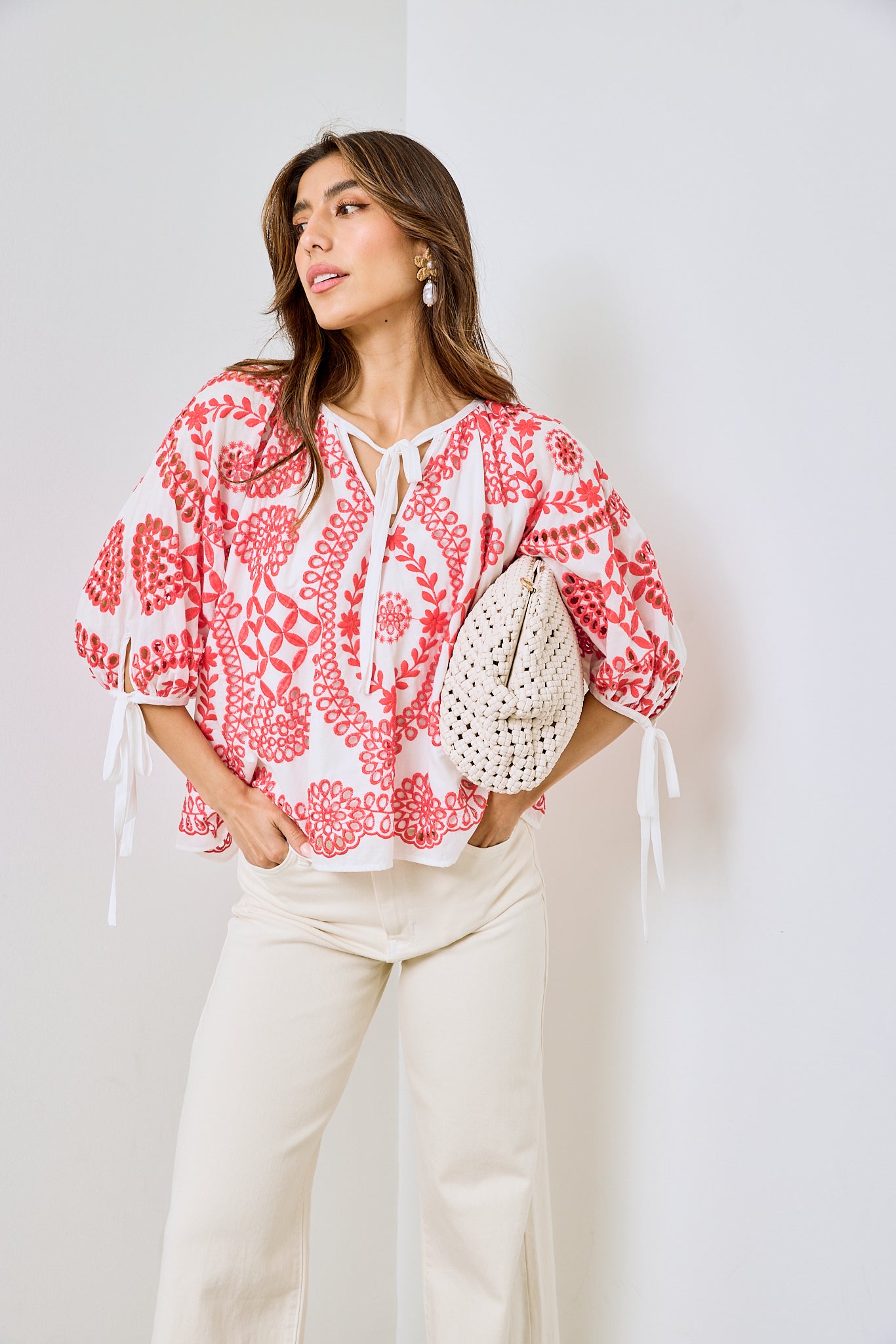 Jose Embroidered Cotton V Neck Top - fab'rik