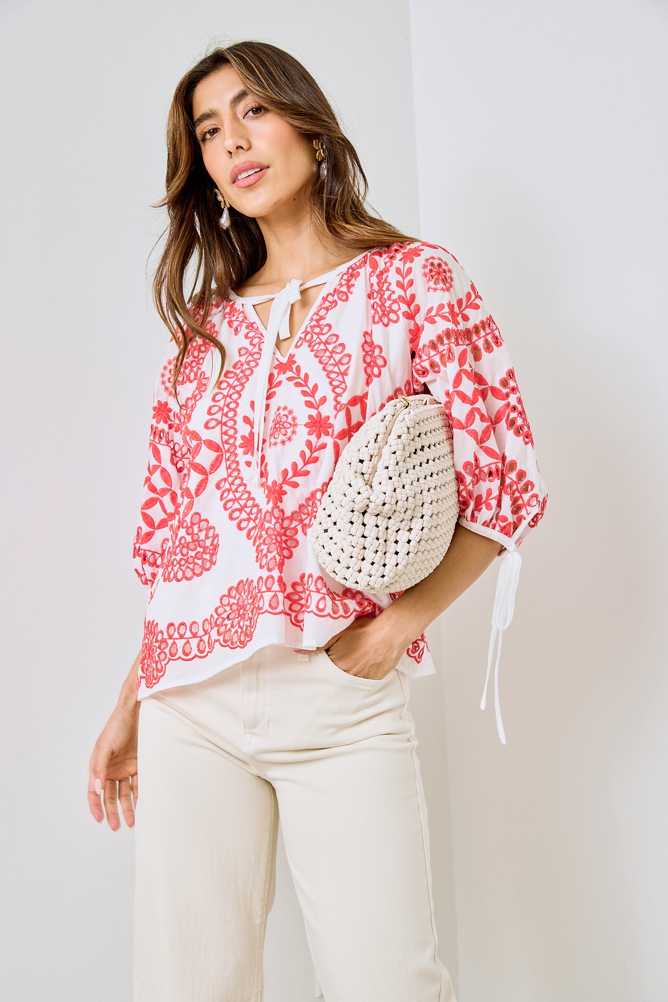 Jose Embroidered Cotton V Neck Top - fab'rik