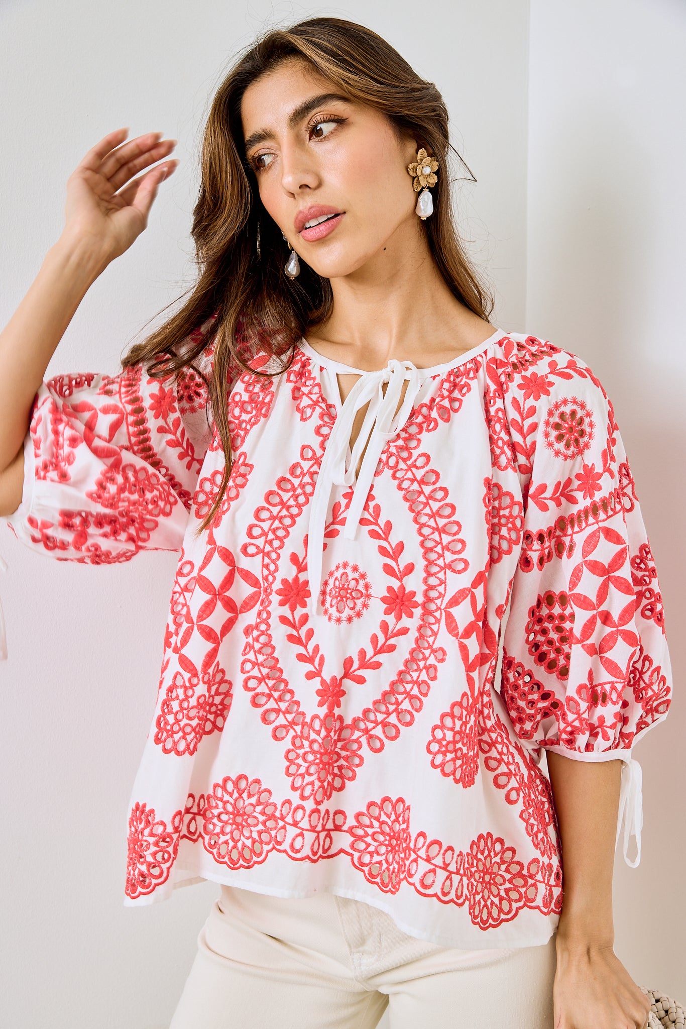 Jose Embroidered Cotton V Neck Top - fab'rik