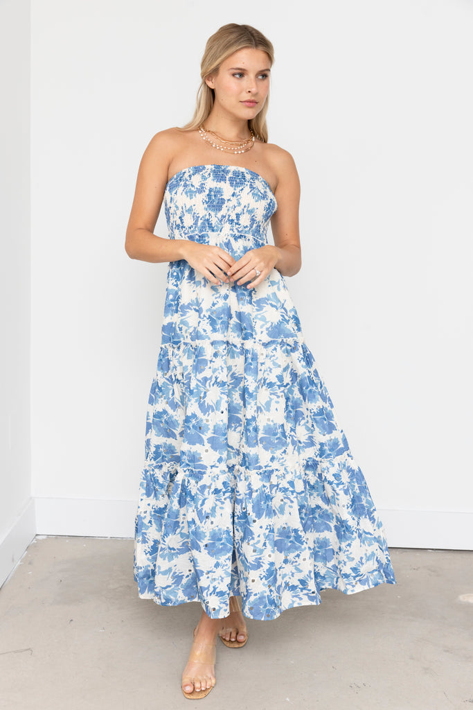 Liana Floral Smocked Strapless Maxi Dress - fab'rik