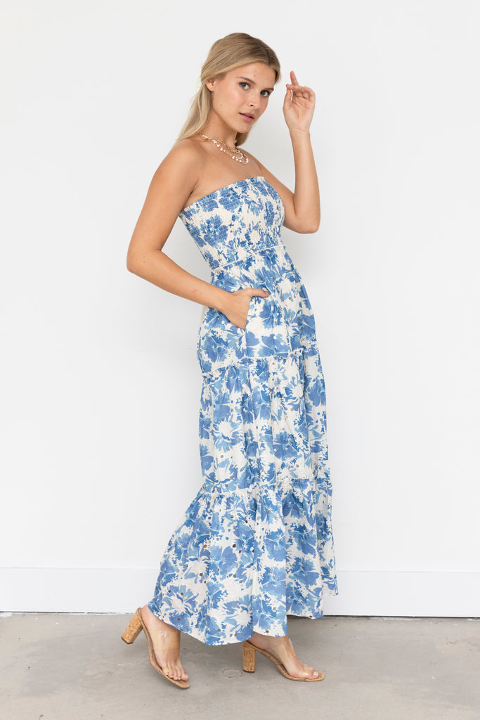 Liana Floral Smocked Strapless Maxi Dress - fab'rik