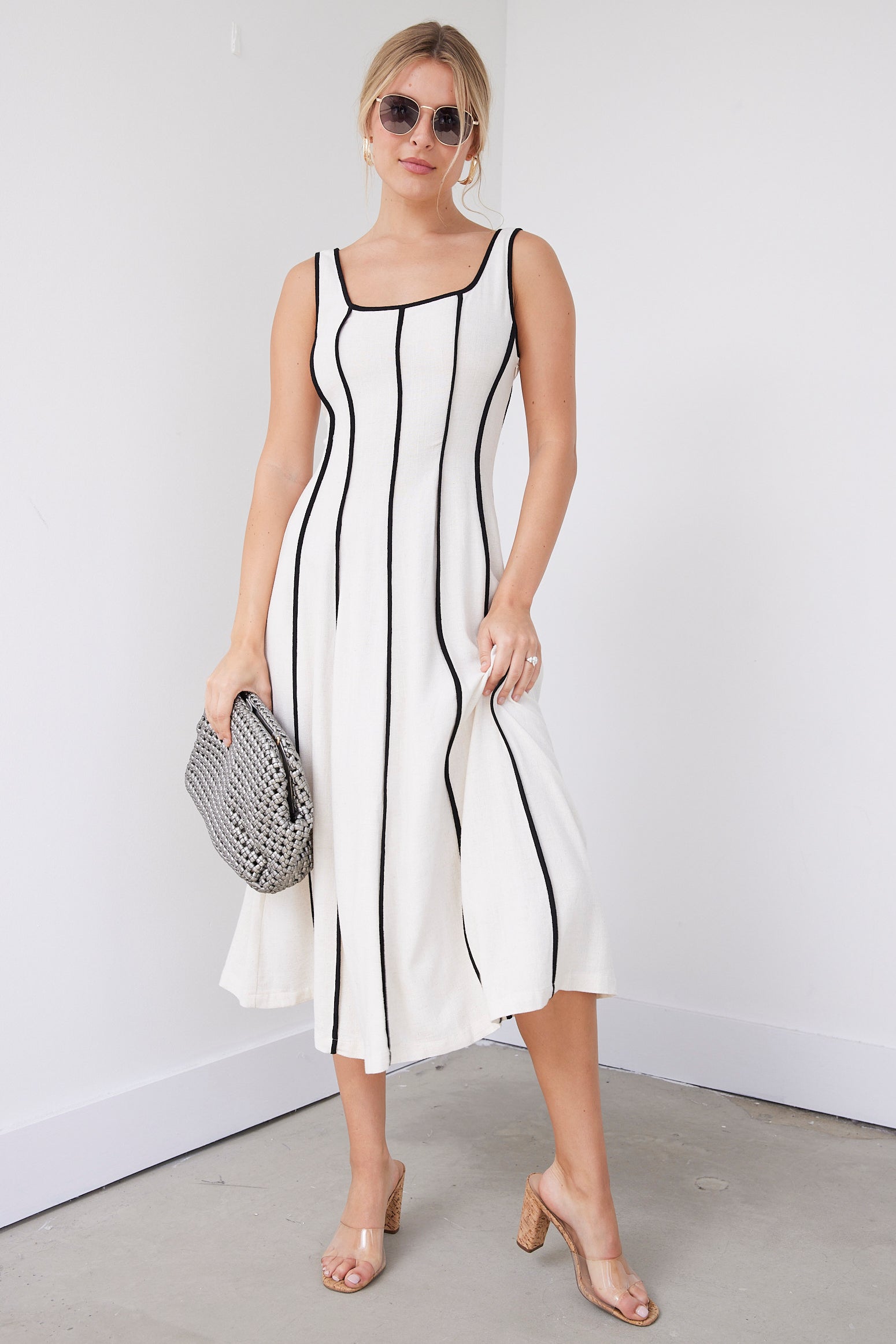Alice Linen Contrast Detail Midi Dress - fab'rik
