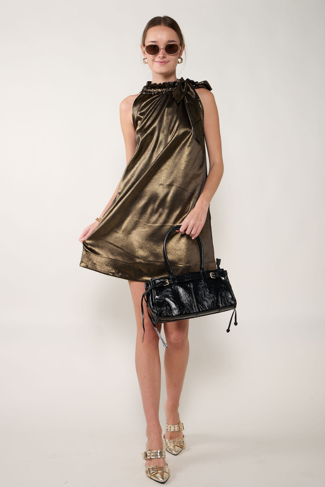 knee length dresses for ladies Ivy Tie Sleeveless Mini Dress Gold/Black / L