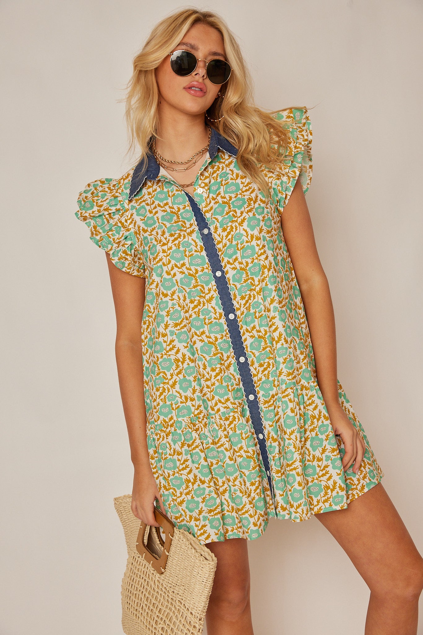 Hollis Denim Detail Floral Dress