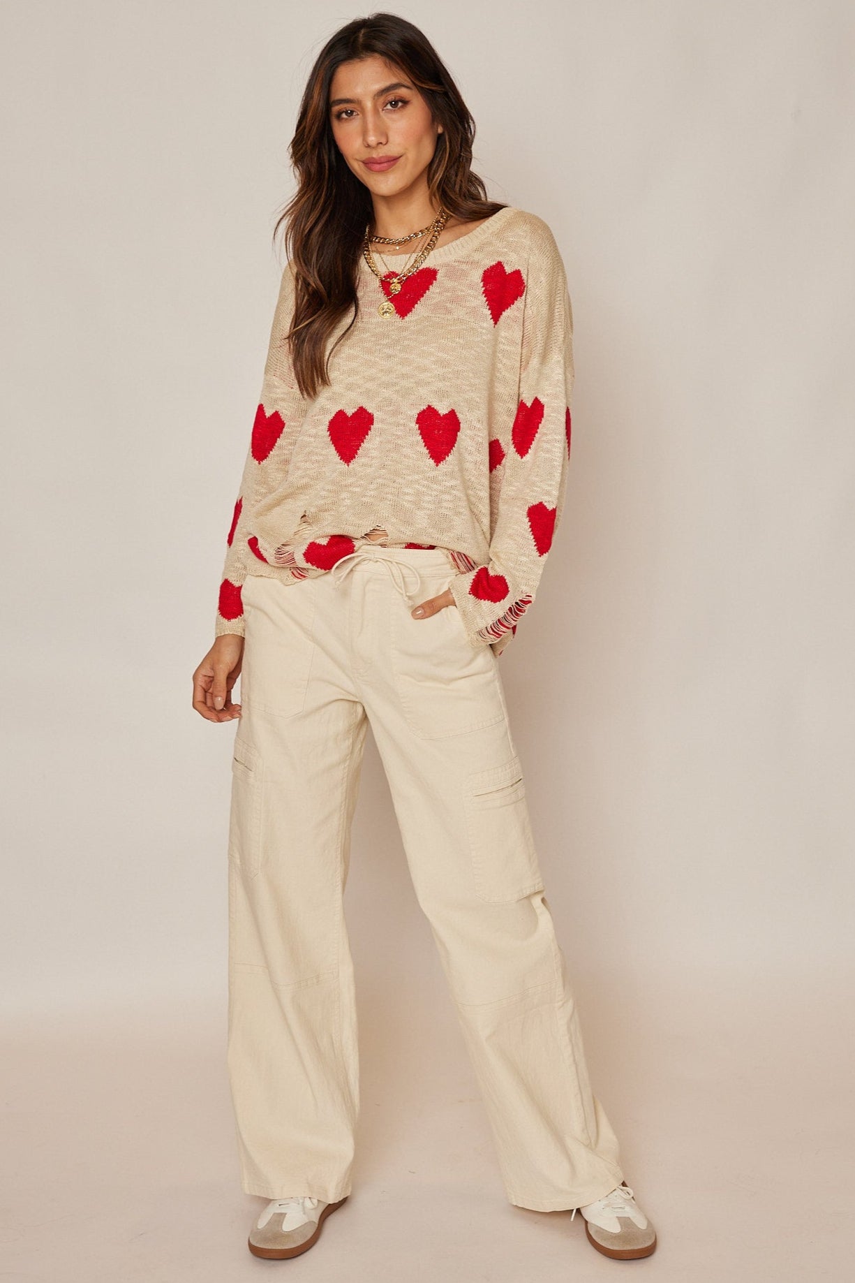 Isabel Distressed Color Contrast Heart Sweater