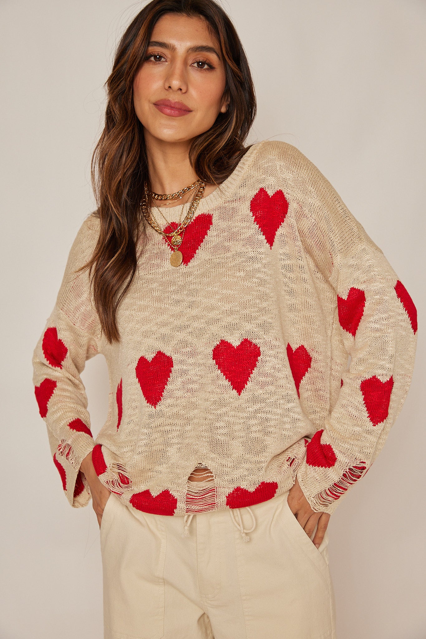 Isabel Distressed Color Contrast Heart Sweater