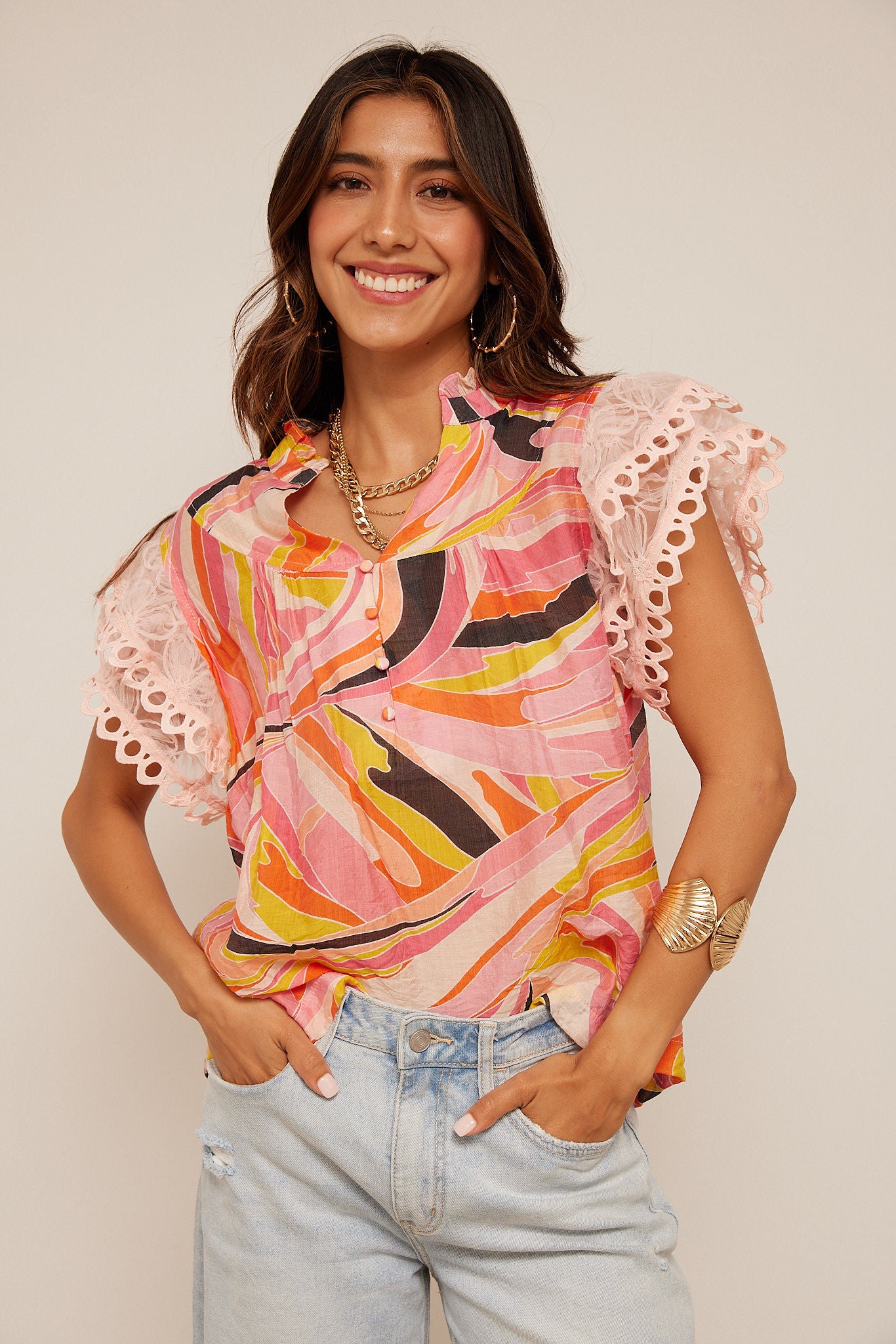 Leela Abstract Print Floral Lace Sleeve Blouse