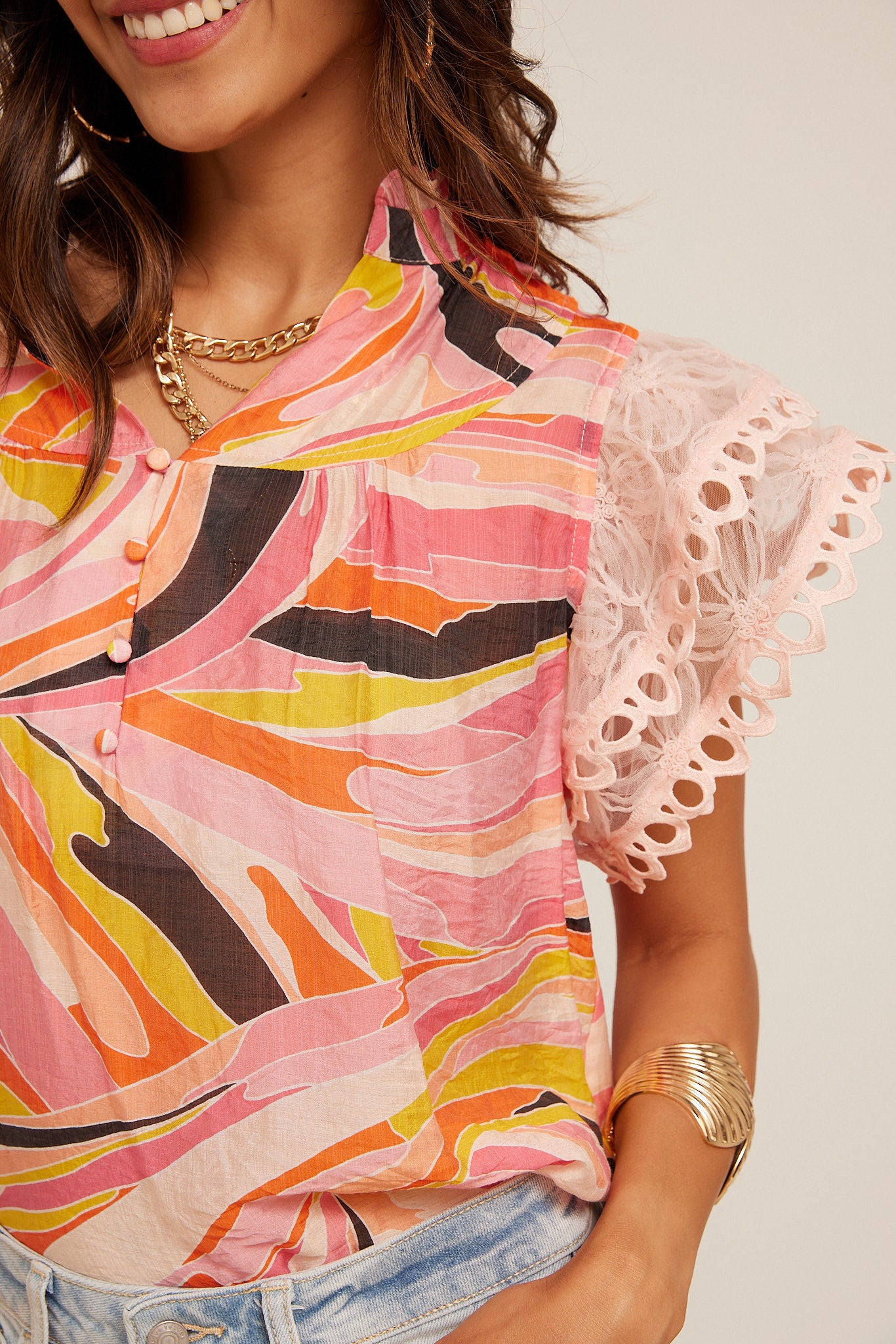 Leela Abstract Print Floral Lace Sleeve Blouse