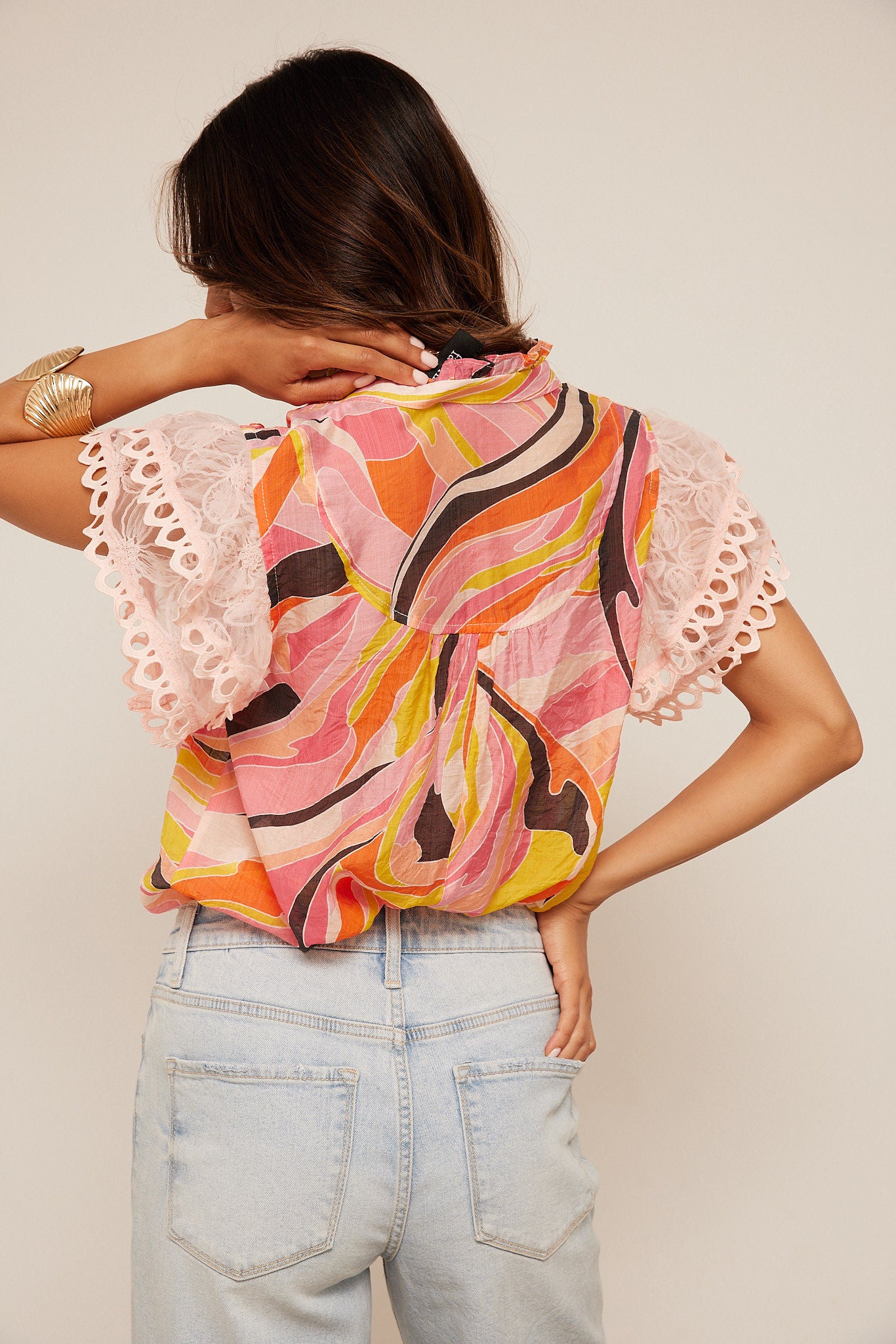 Leela Abstract Print Floral Lace Sleeve Blouse