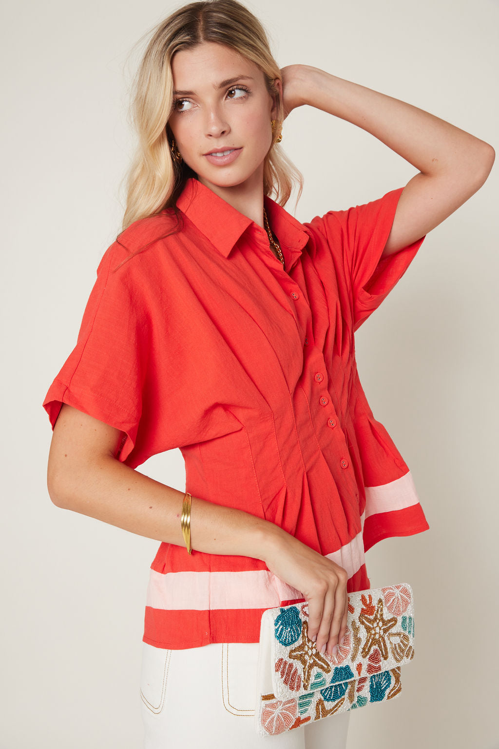 Wren Color Block Collared Button Down Top