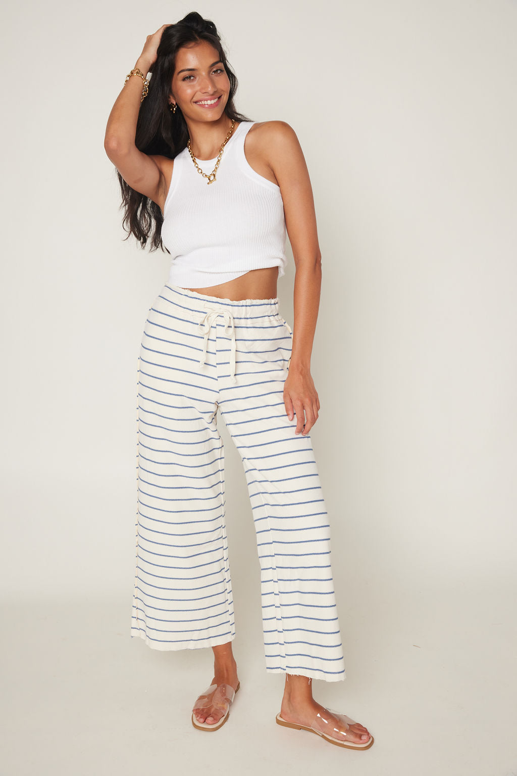 Olive Stripe Knit Fabric Wide Leg Pants