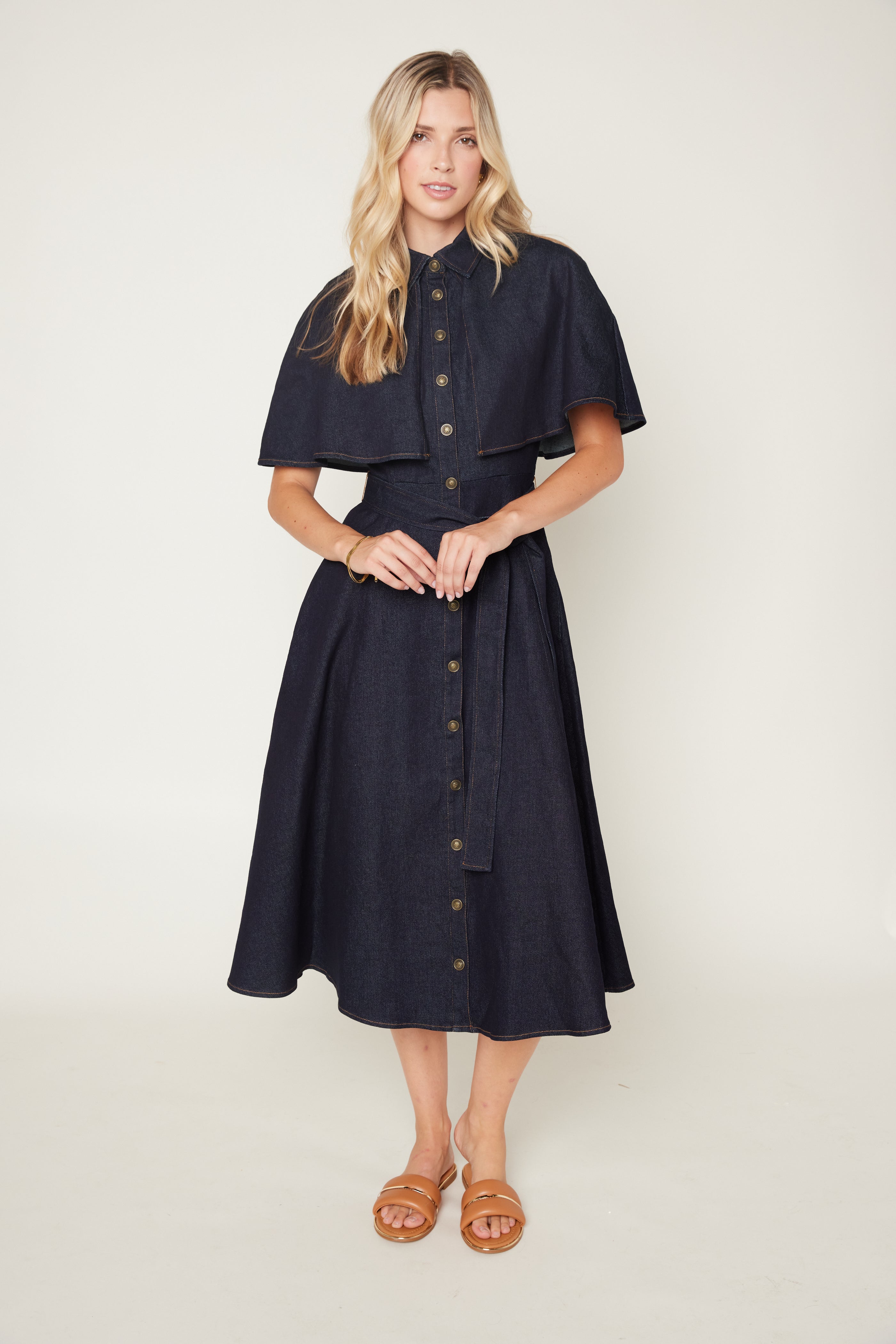 Sallie Denim Midi Dress with Cape