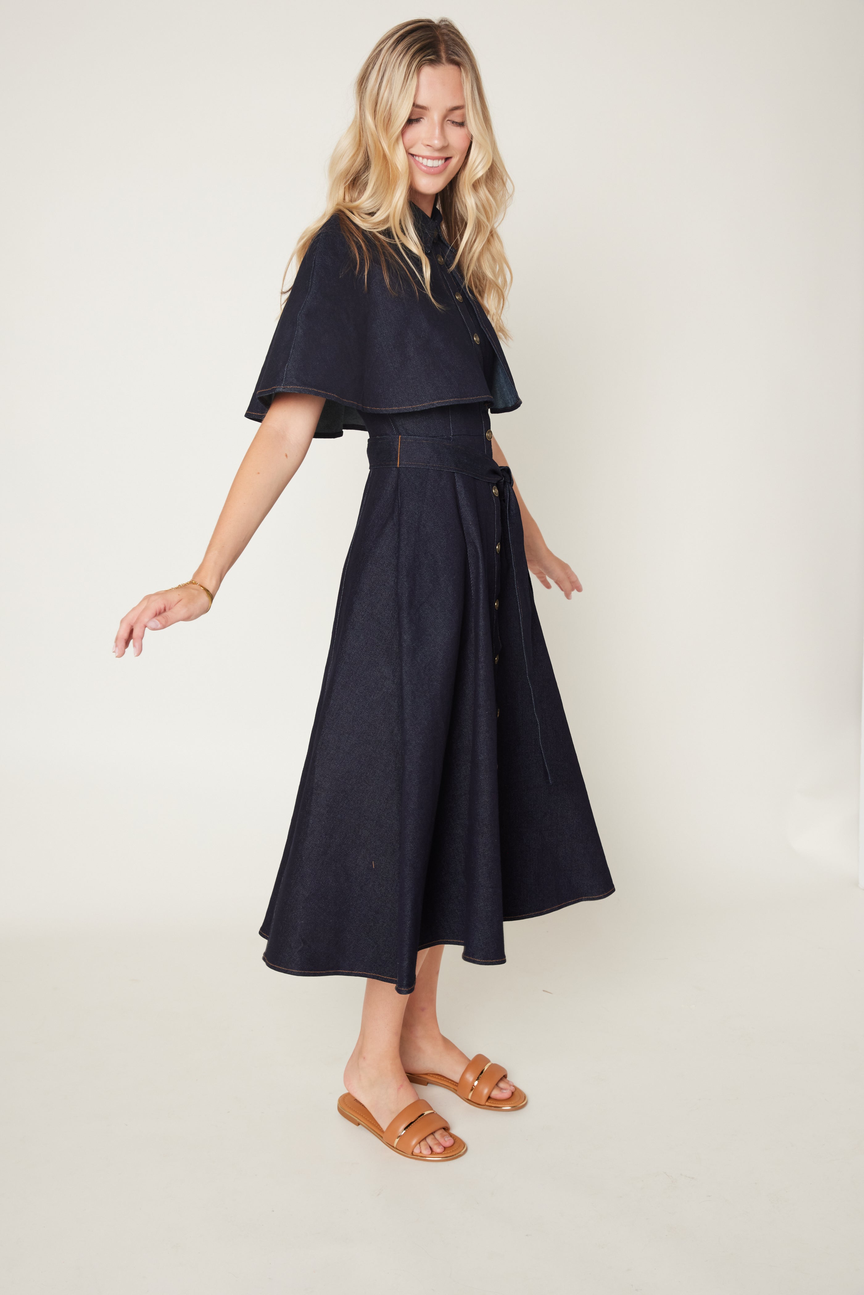 Sallie Denim Midi Dress with Cape