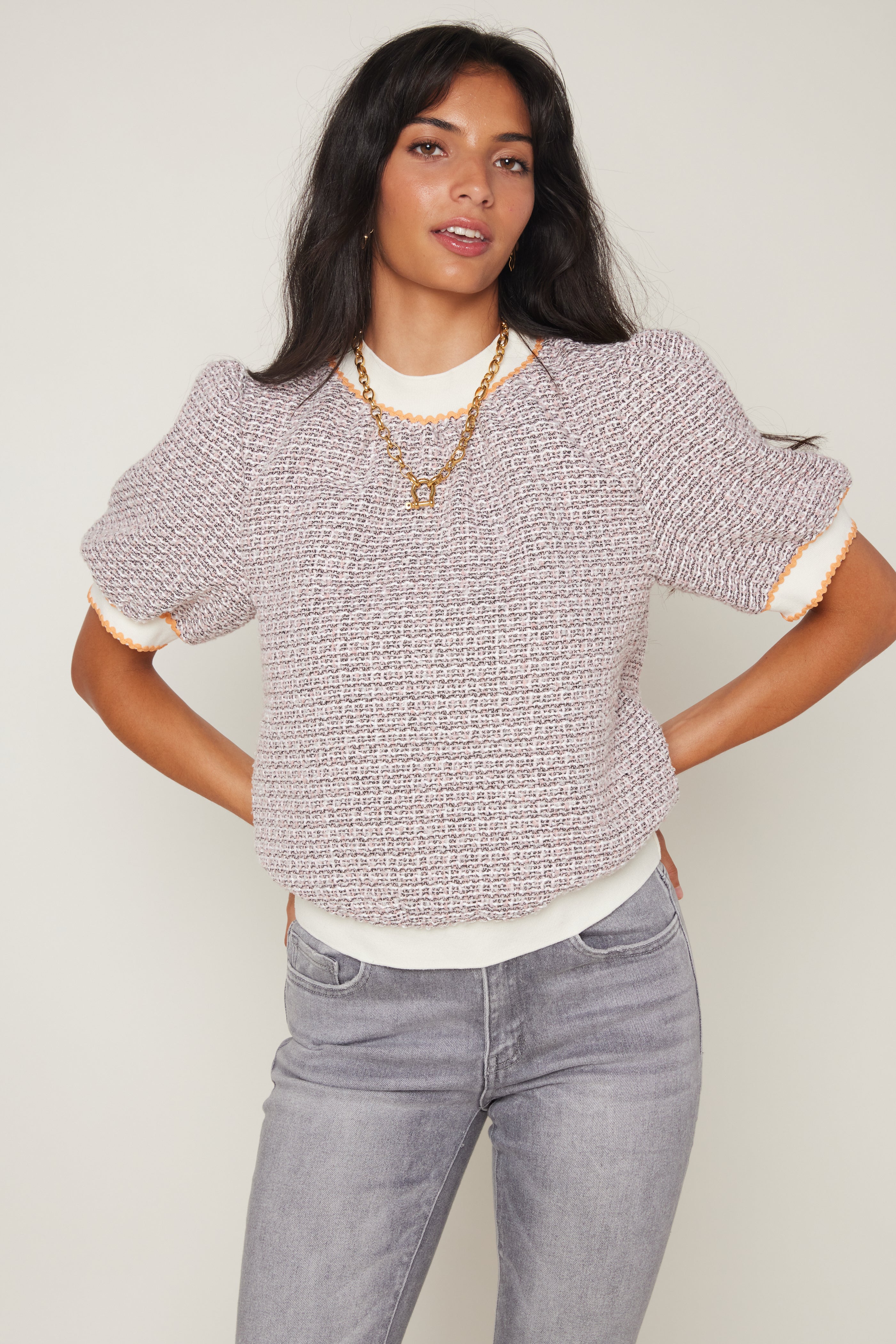 Sarah Zigzag Trim Detailed Tweed Top