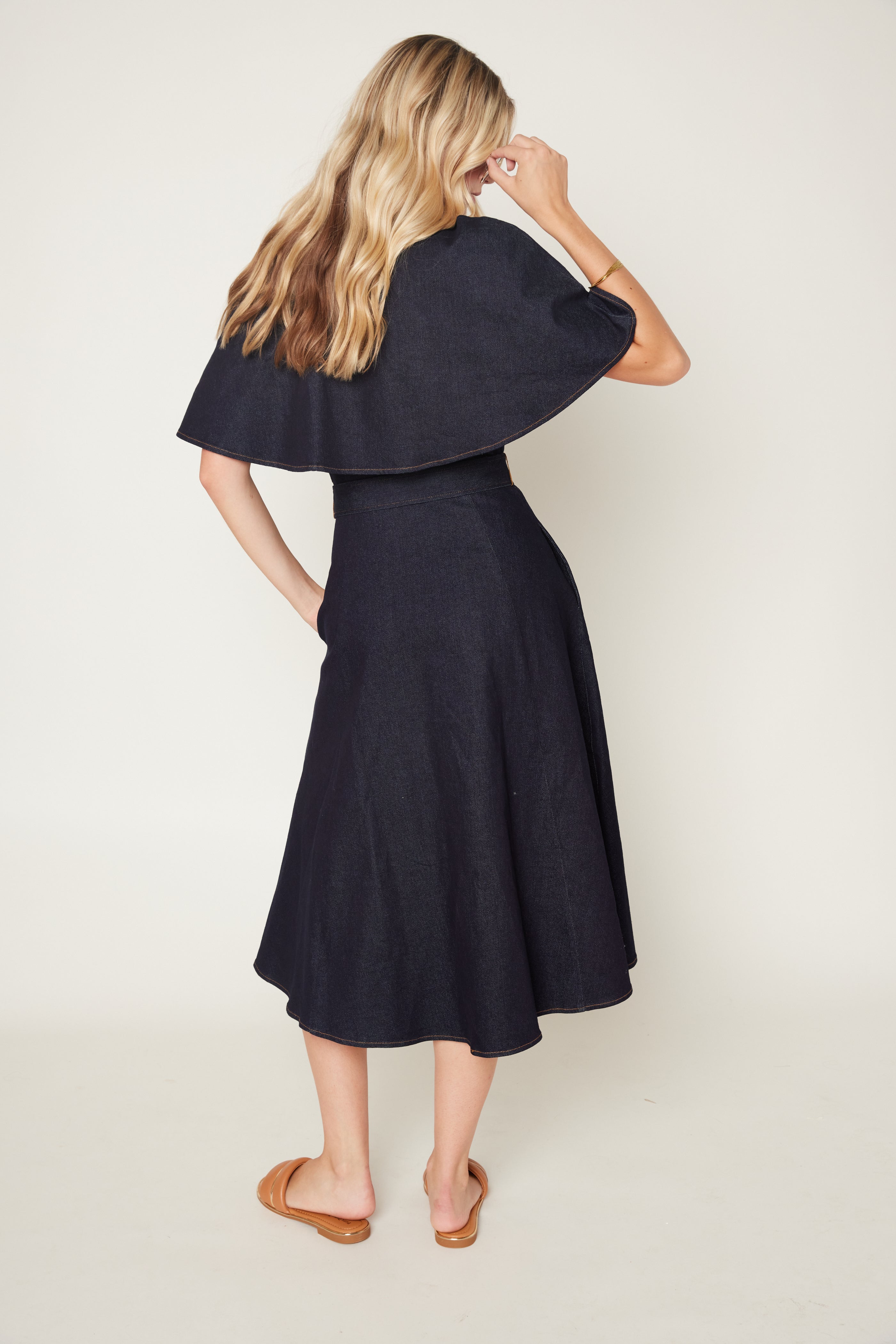 Sallie Denim Midi Dress with Cape