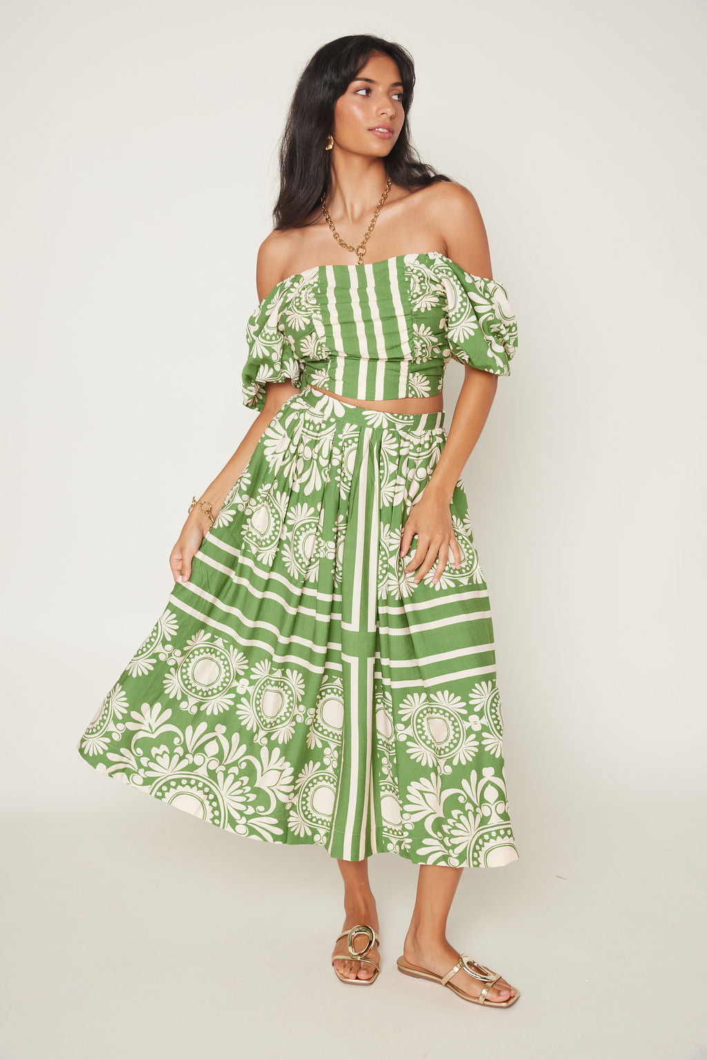 Tyler Two Tone Scarf Print Midi Skirt