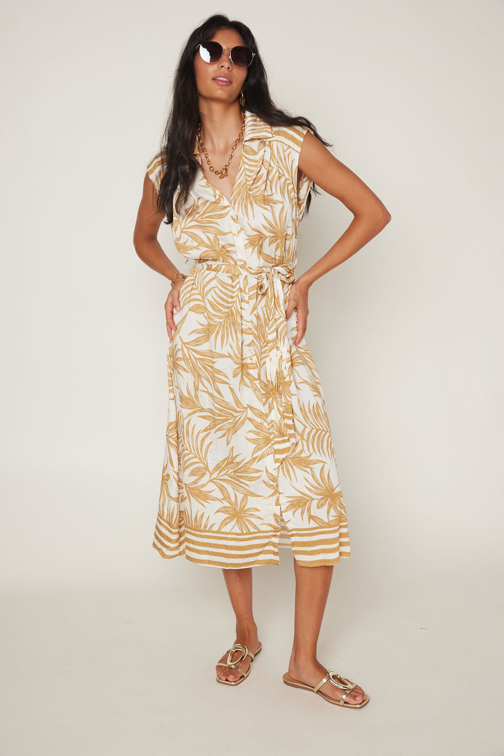 Ally Tropical Print Collared Button Down Midi Dress with Belt