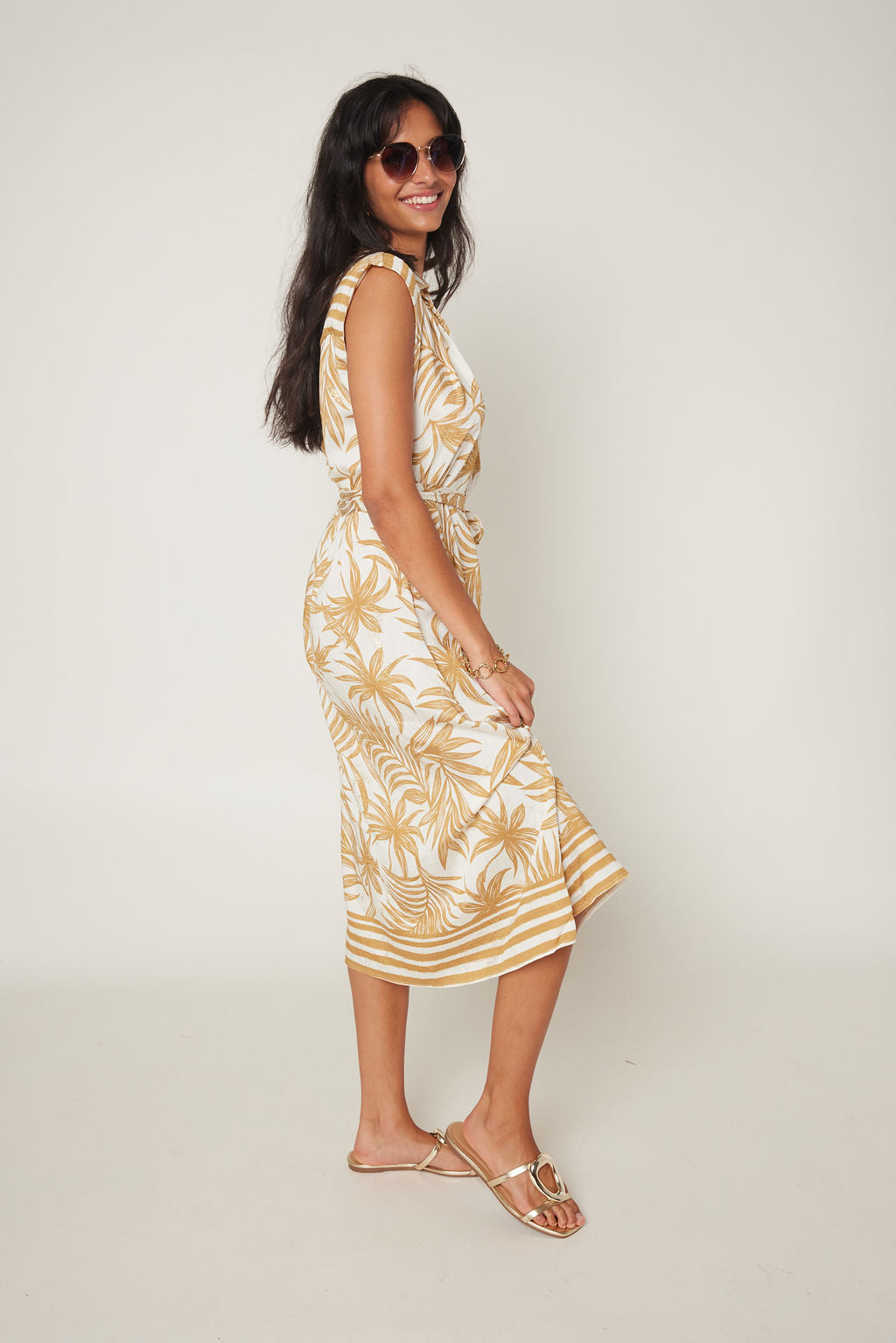 Ally Tropical Print Collared Button Down Midi Dress with Belt