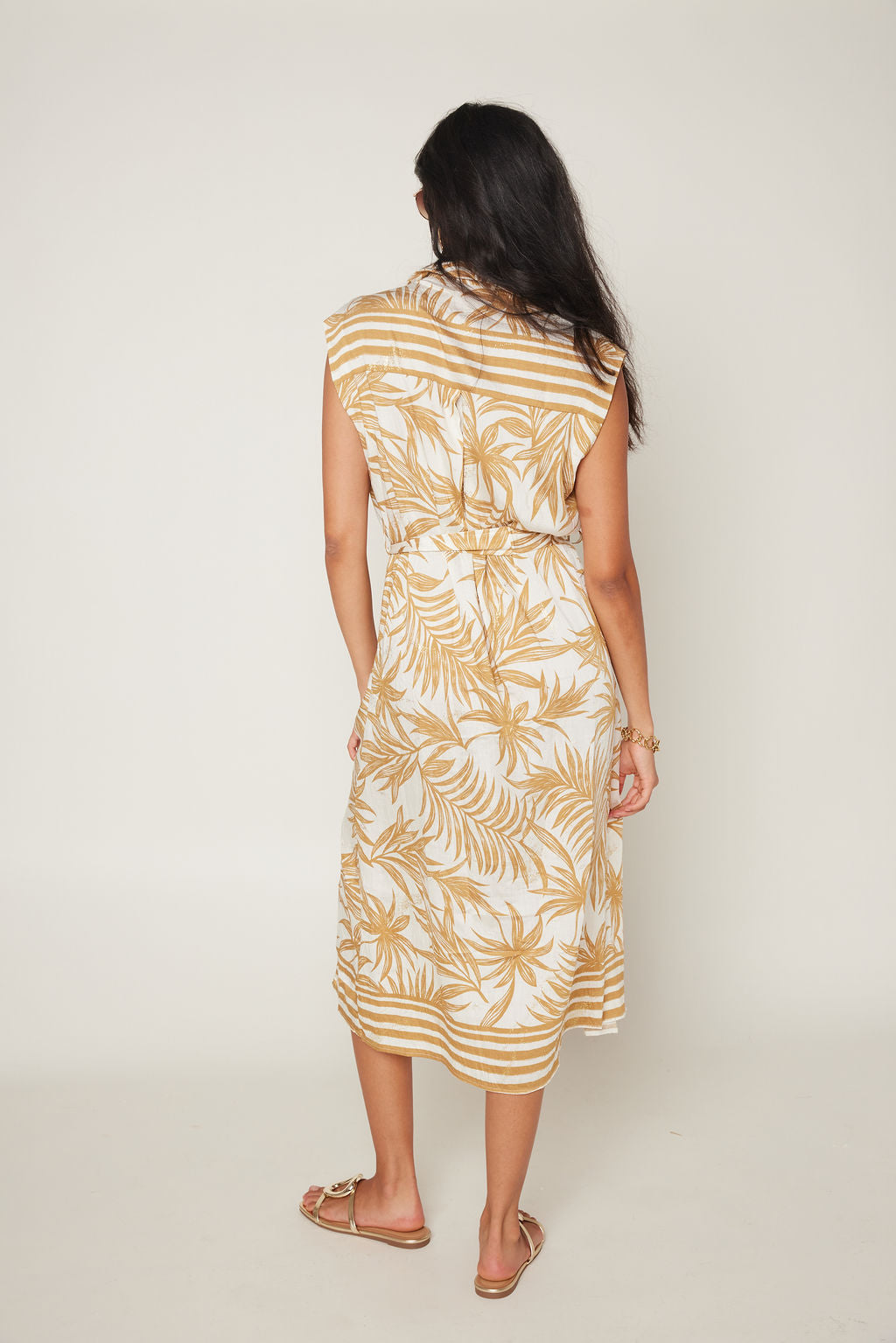 Ally Tropical Print Collared Button Down Midi Dress with Belt