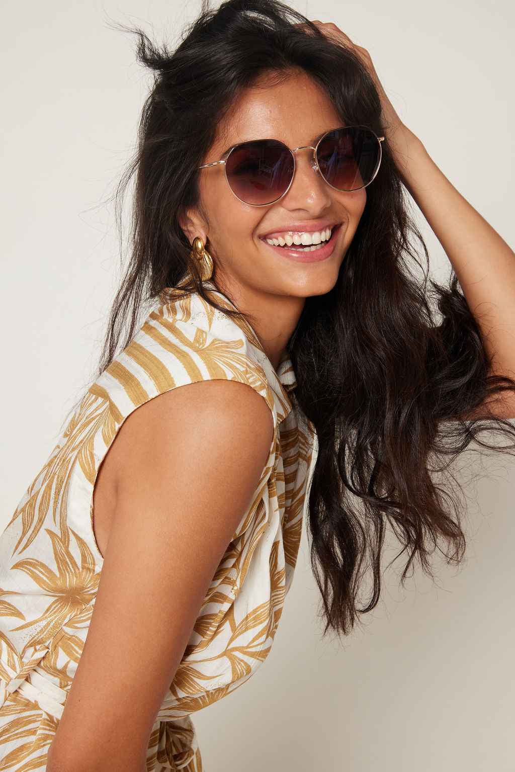 Ally Tropical Print Collared Button Down Midi Dress with Belt