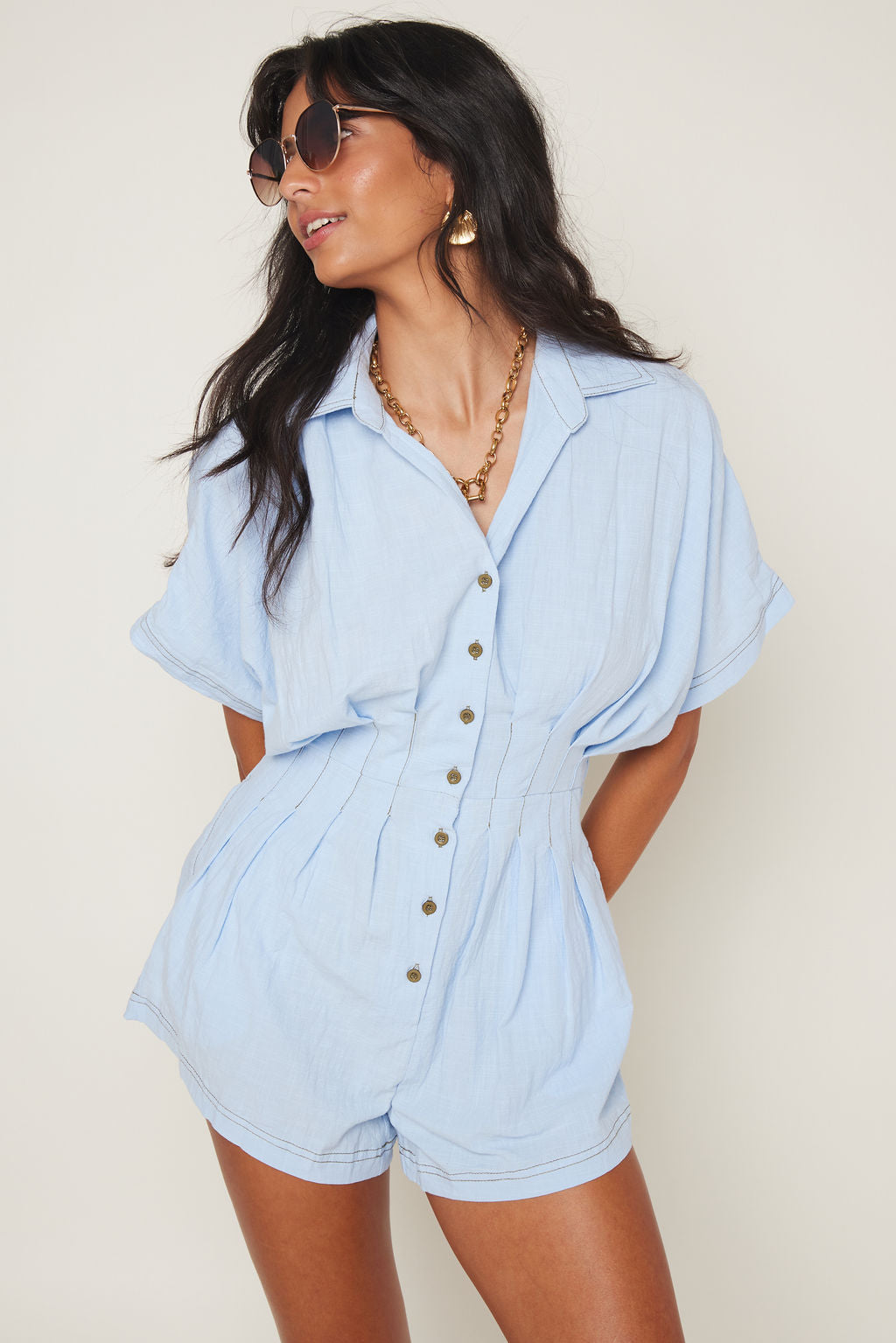Kelly Solid Button Down Romper with Contrast Thread