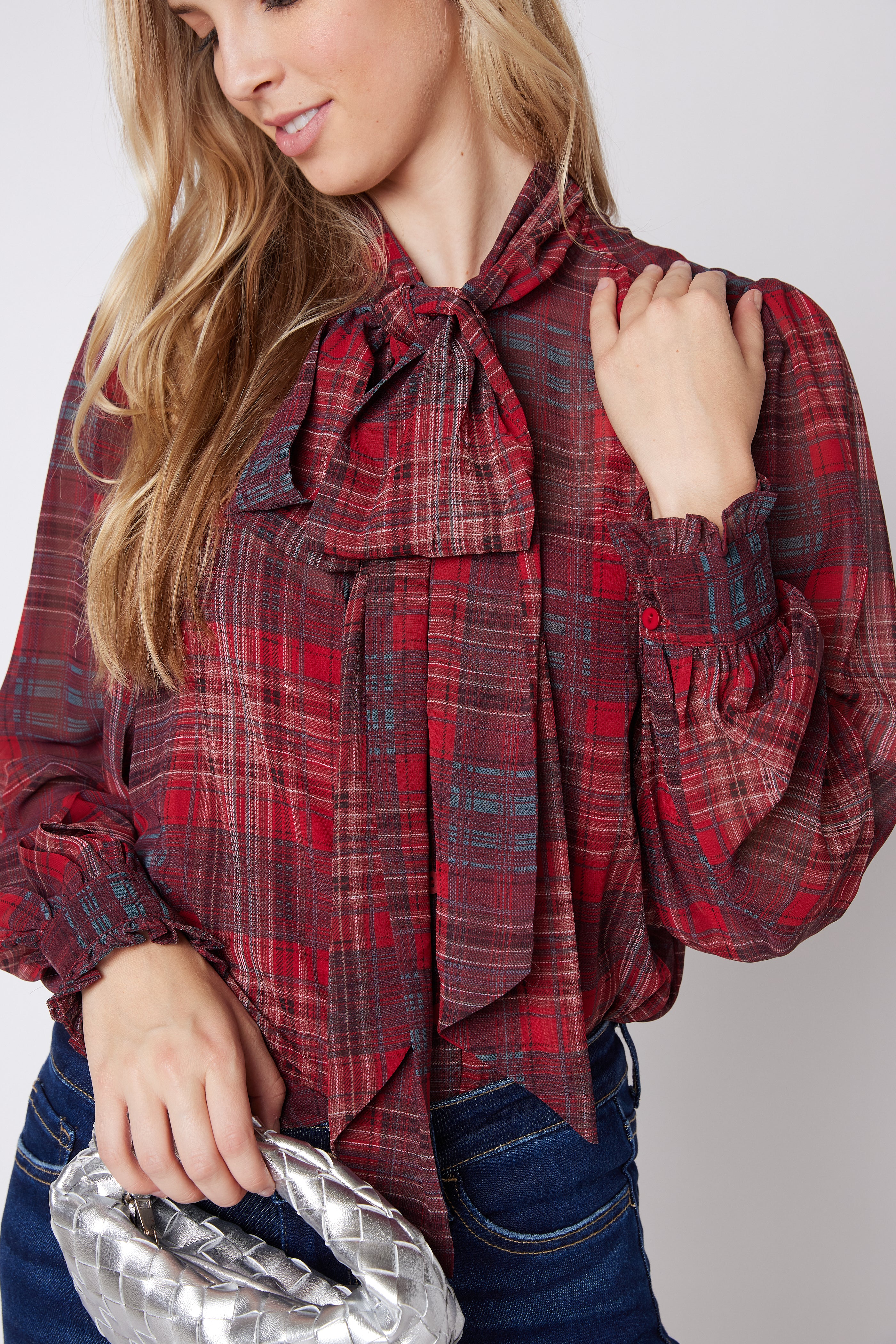 SALE - Lena Plaid Tie Neck Blouse
