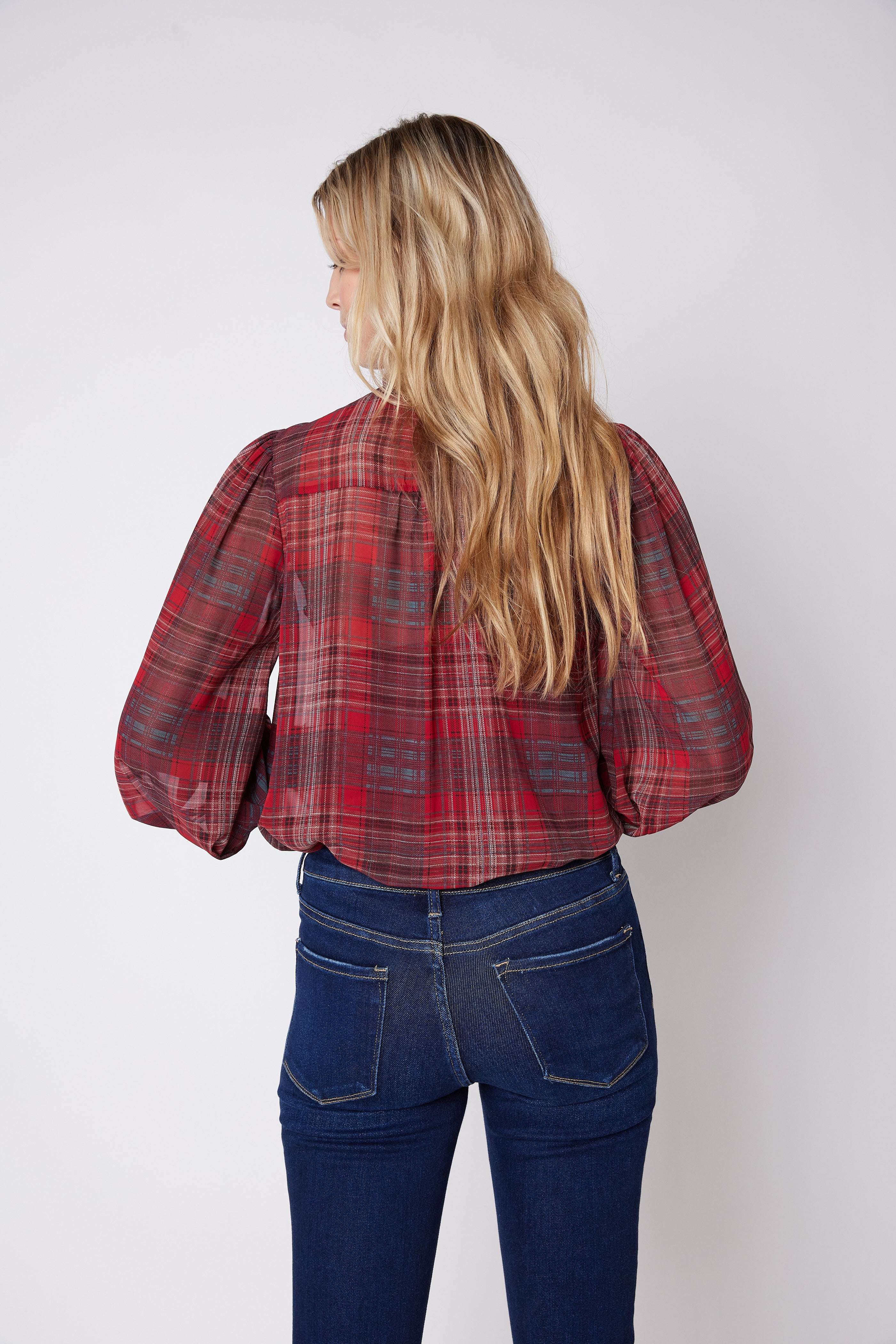 SALE - Lena Plaid Tie Neck Blouse