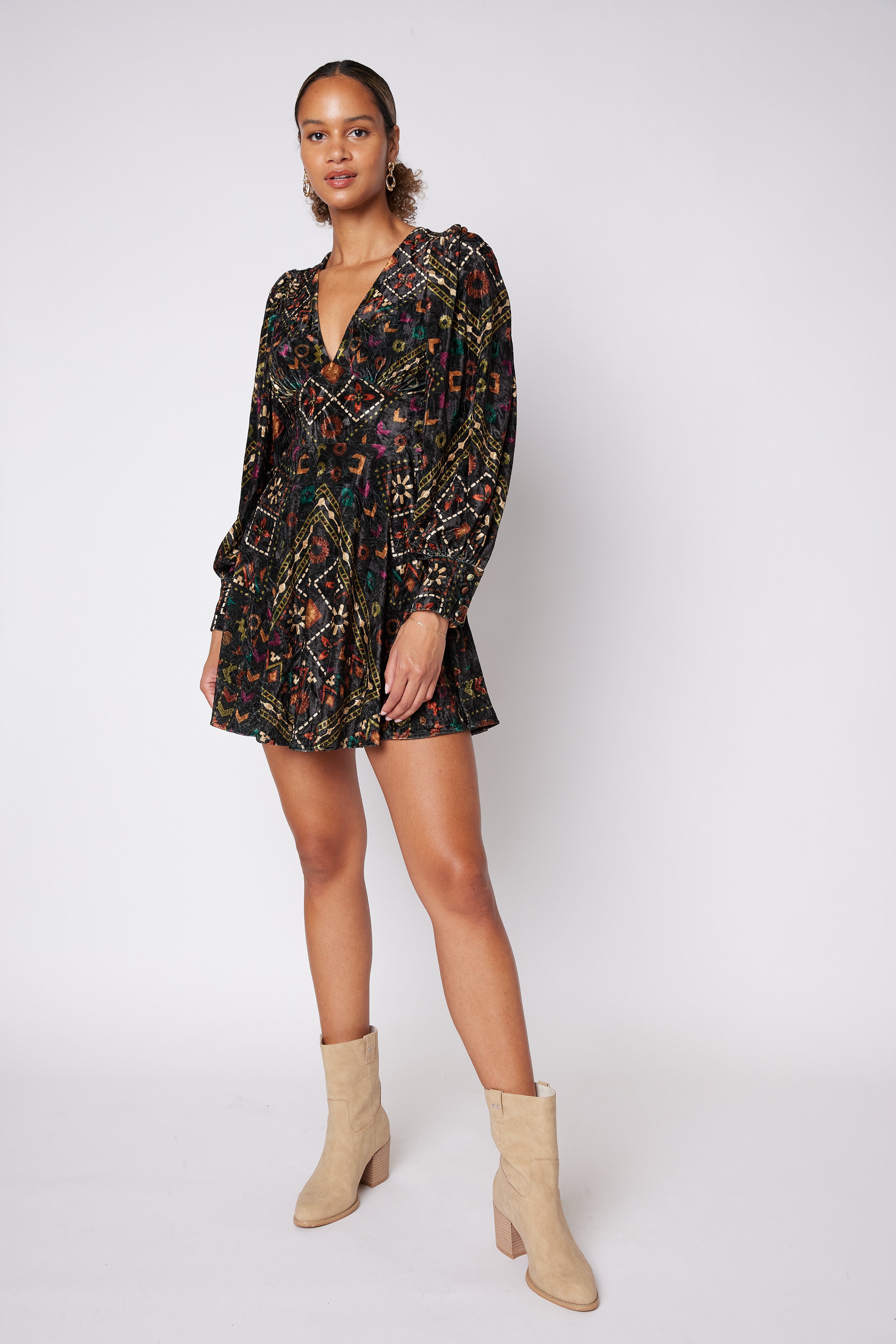 SALE - Wells Printed Velvet Long Sleeve Dress
