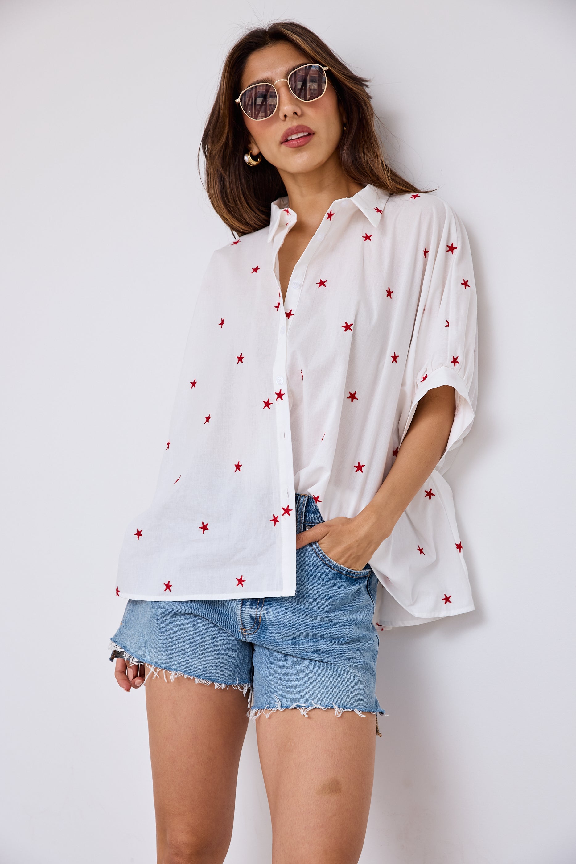 Lina Embroidered Oversized Button Down Blouse