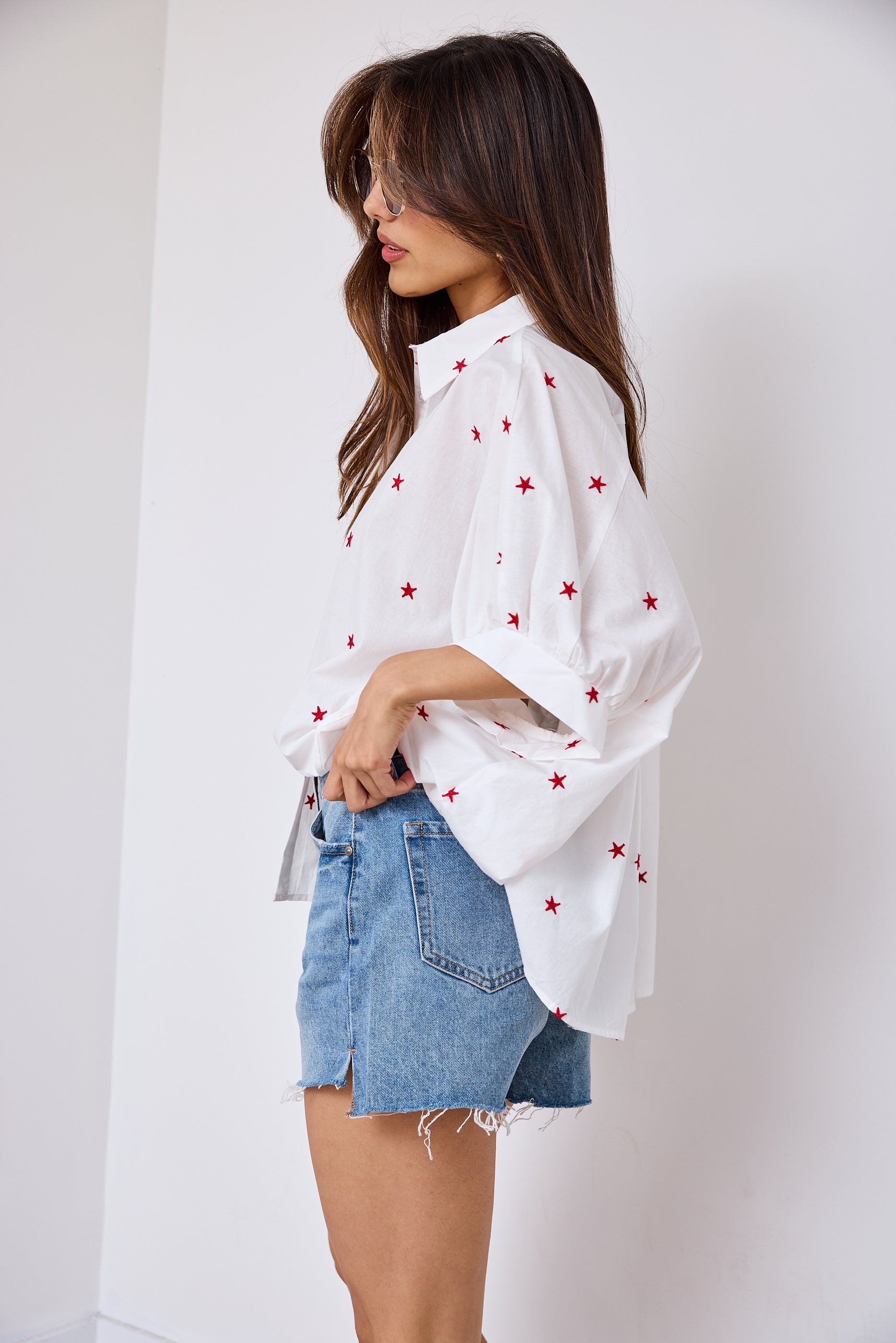 Lina Embroidered Oversized Button Down Blouse