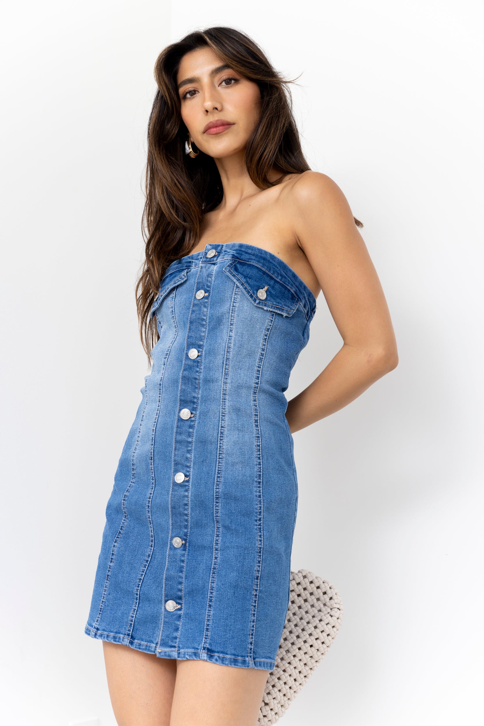 Lara Denim Tube Button Mini Dress - fab'rik