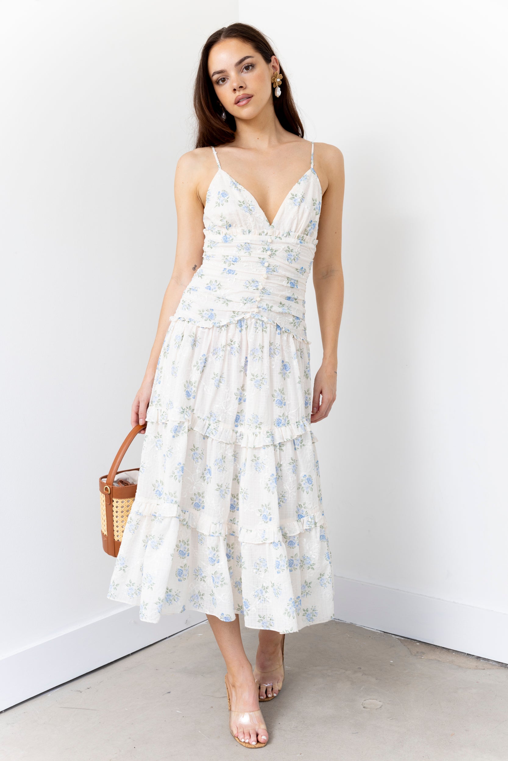 Kendra Ruched Bodice Floral Midi Dress - fab'rik