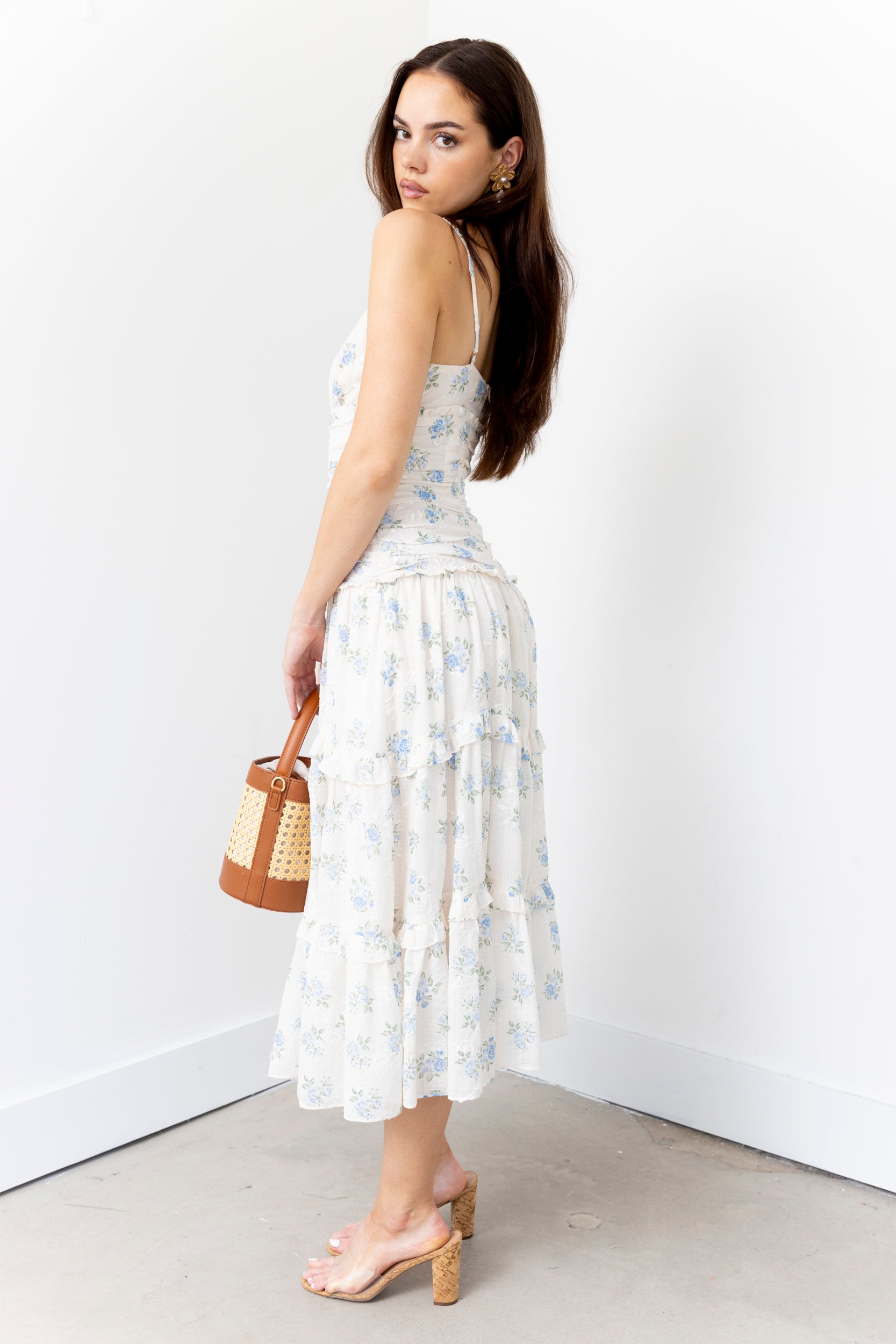 Kendra Ruched Bodice Floral Midi Dress - fab'rik
