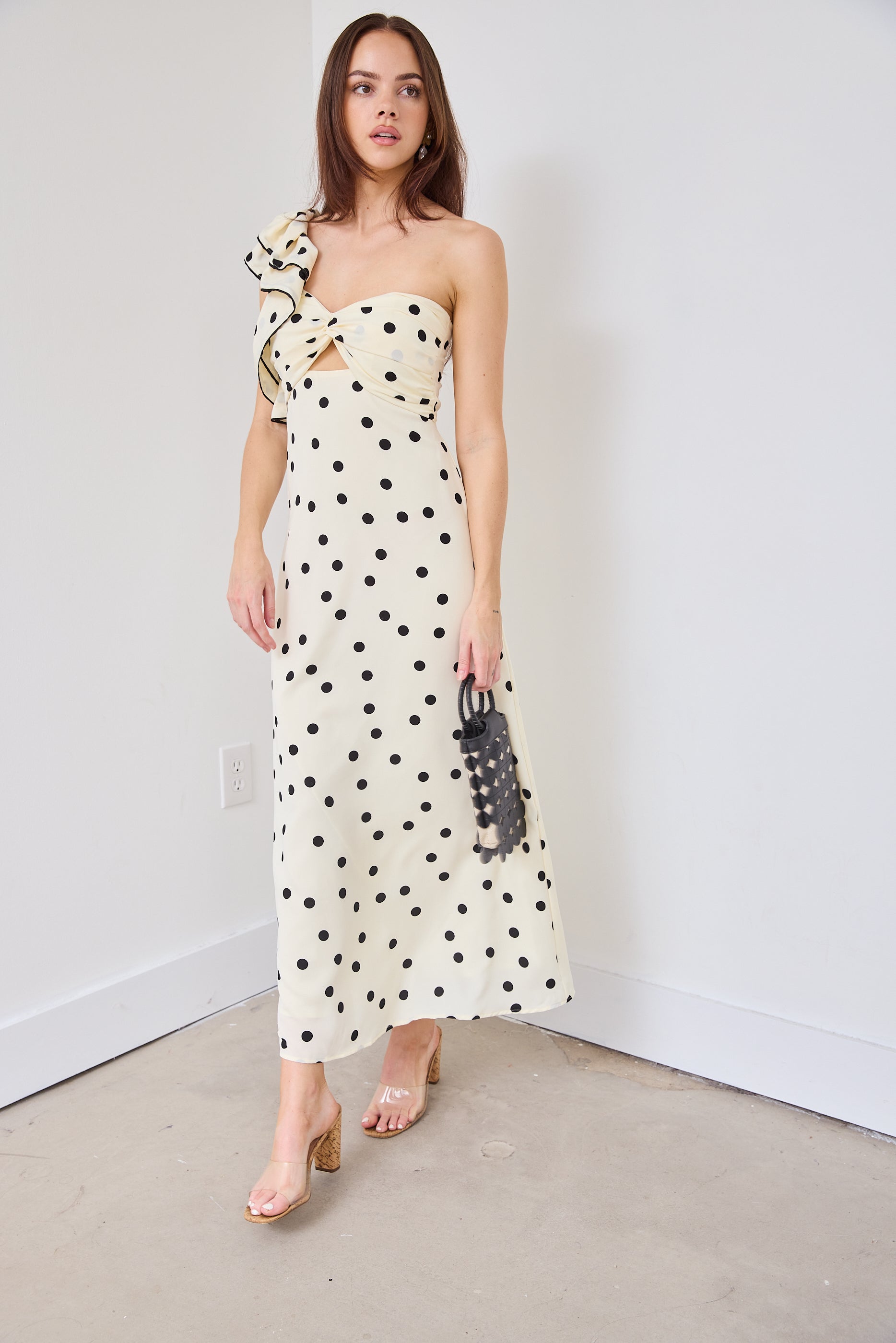 SALE - Natalie Polka Dot One Shoulder Midi Dress