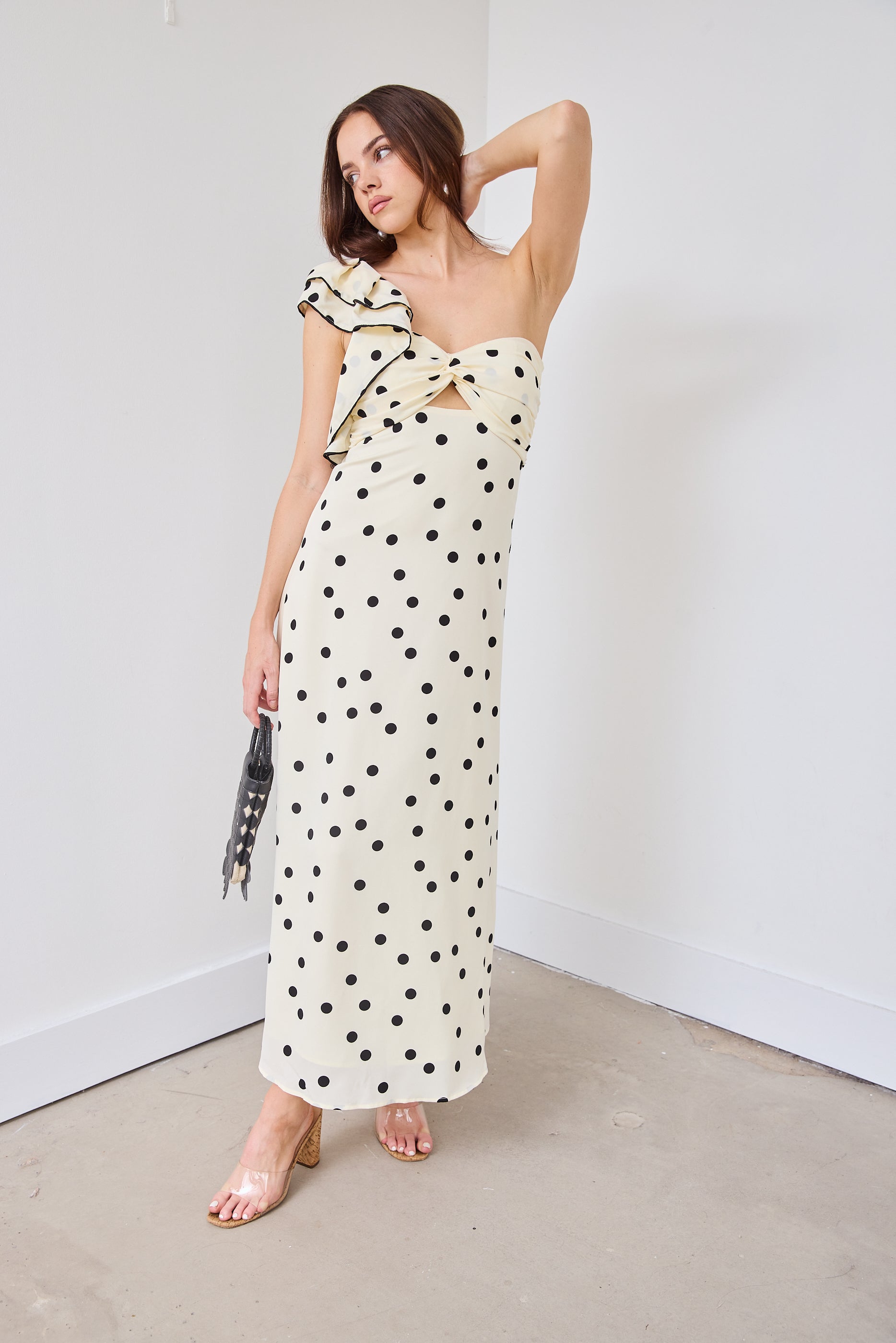 SALE - Natalie Polka Dot One Shoulder Midi Dress