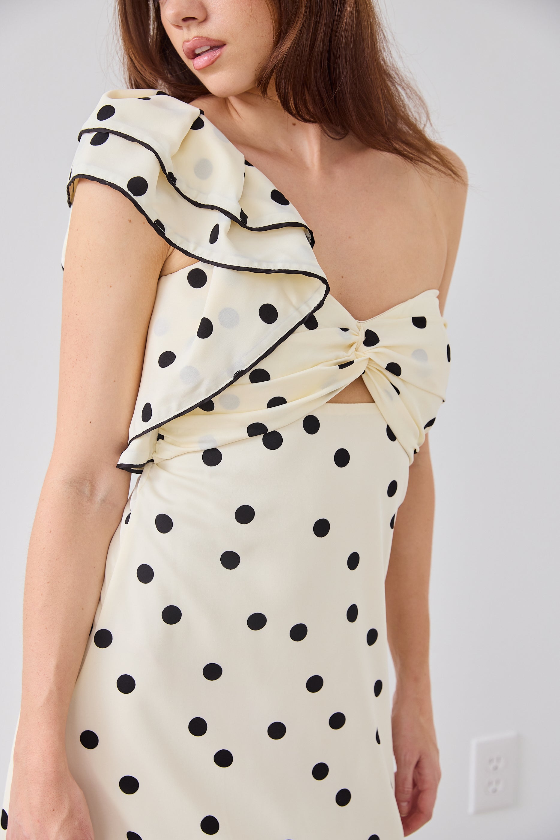 SALE - Natalie Polka Dot One Shoulder Midi Dress
