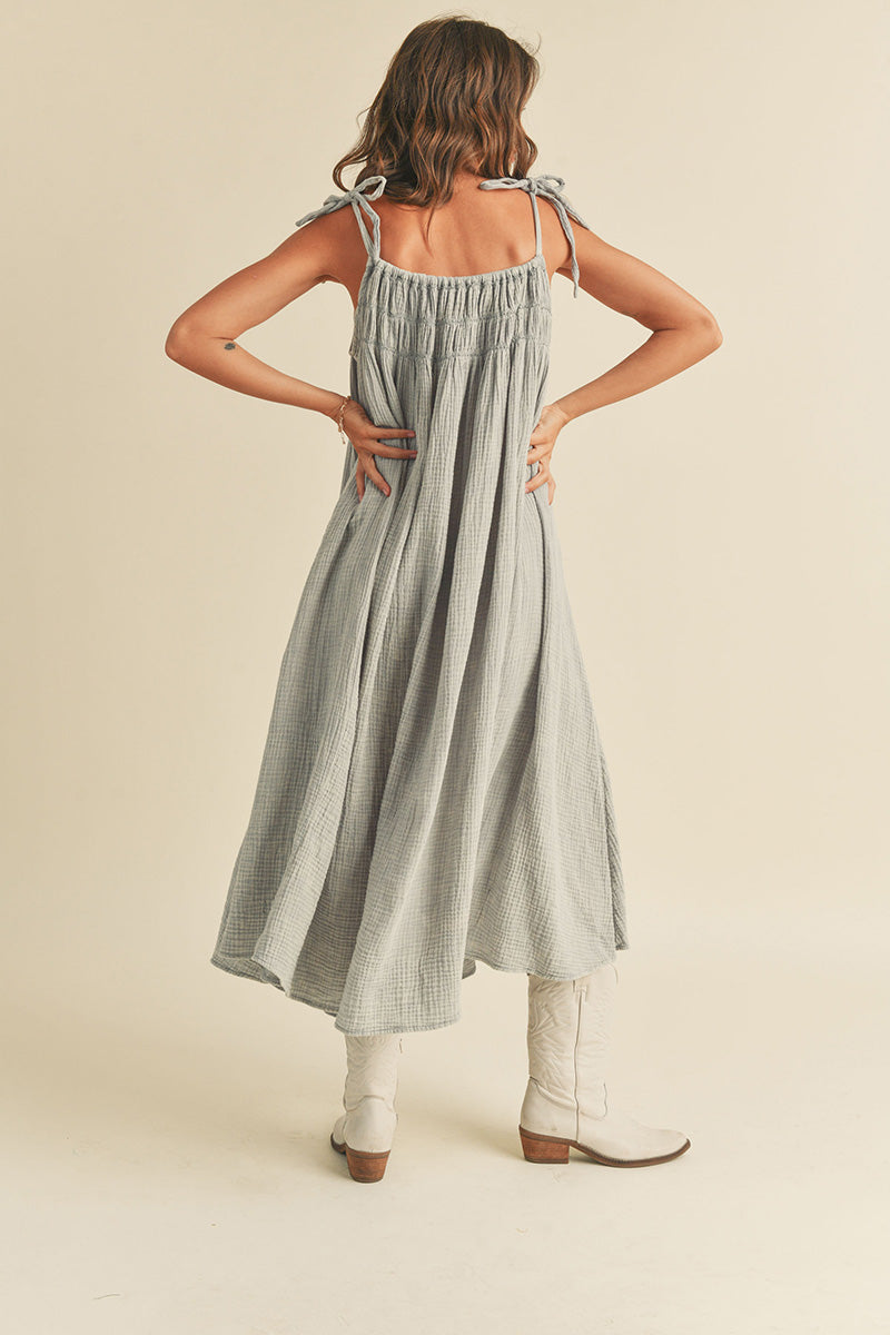 Selah Chambray Shoulder Tie Midi Dress - fab'rik