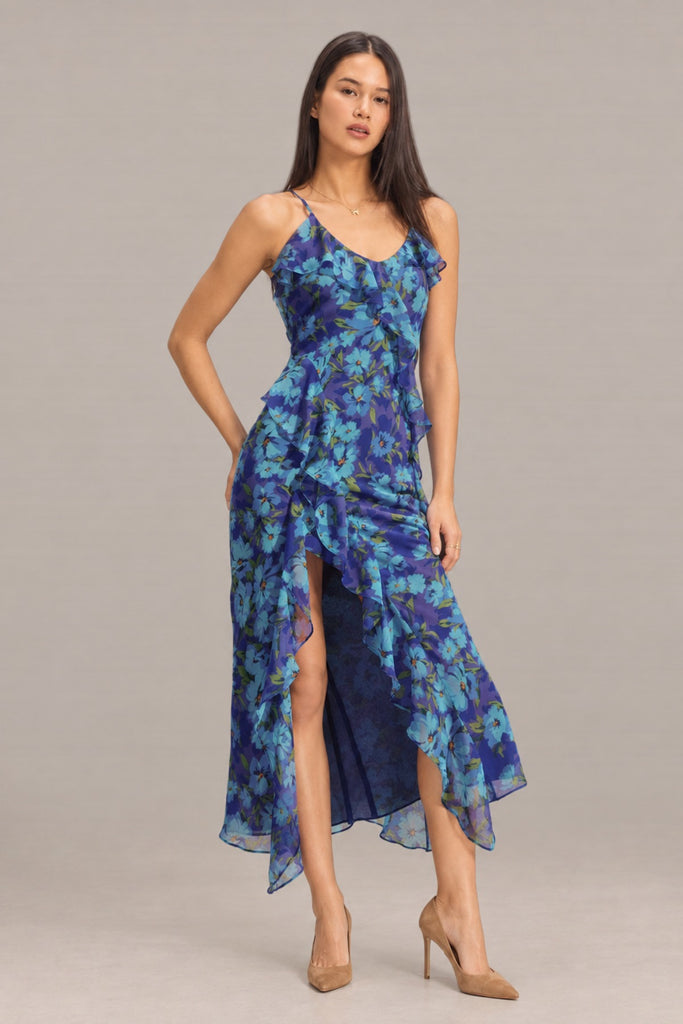 blue floral spaghetti strap dress Danielle Ruffle Floral maxi dress