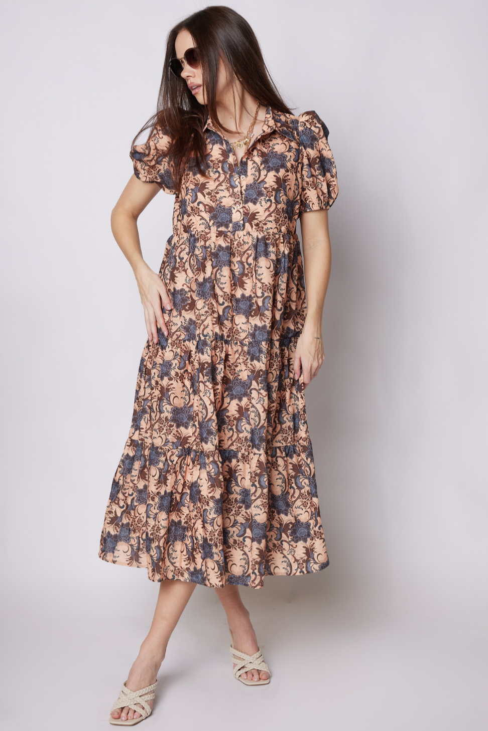 SALE - Kaylee Printed Puff Sleeve Midi Dress