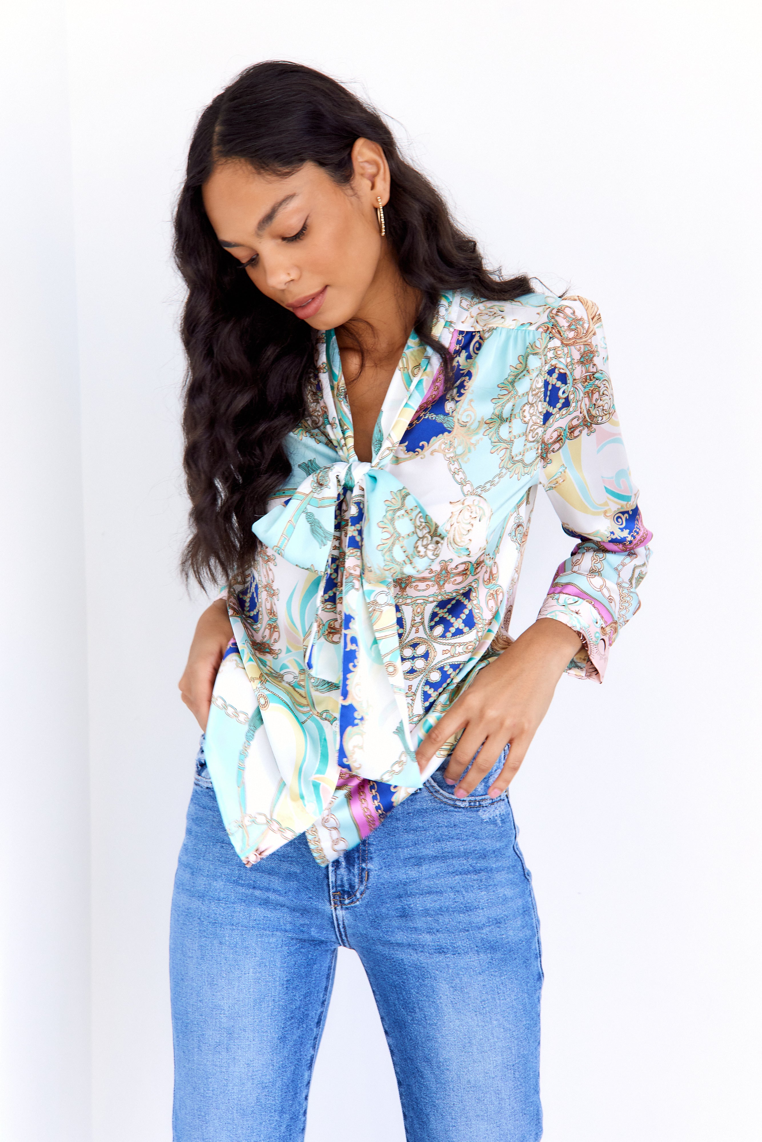 Camden Scarf Print Tie Neck Blouse - fab'rik