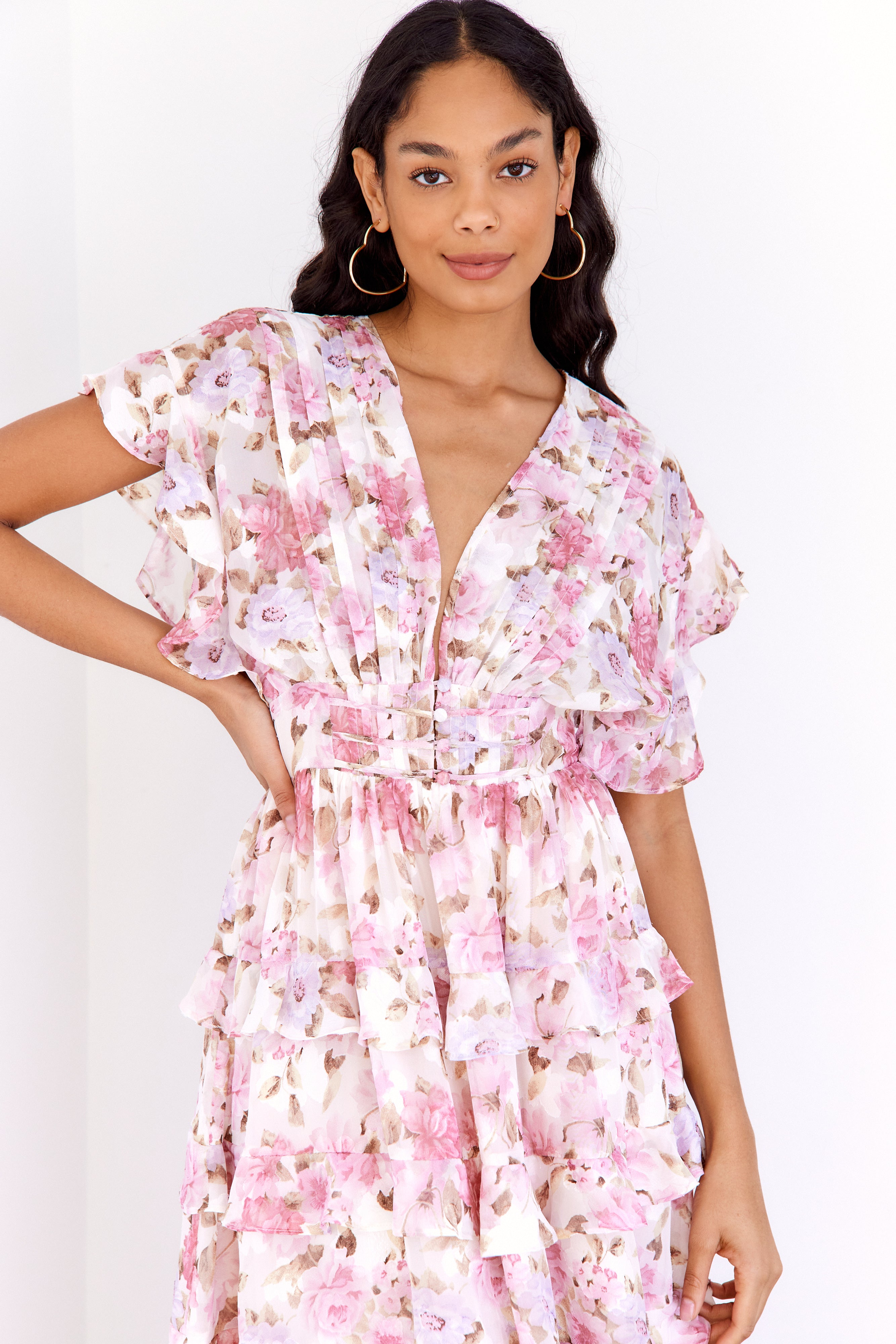 Adriana Tiered Chiffon Floral Maxi Dress - fab'rik