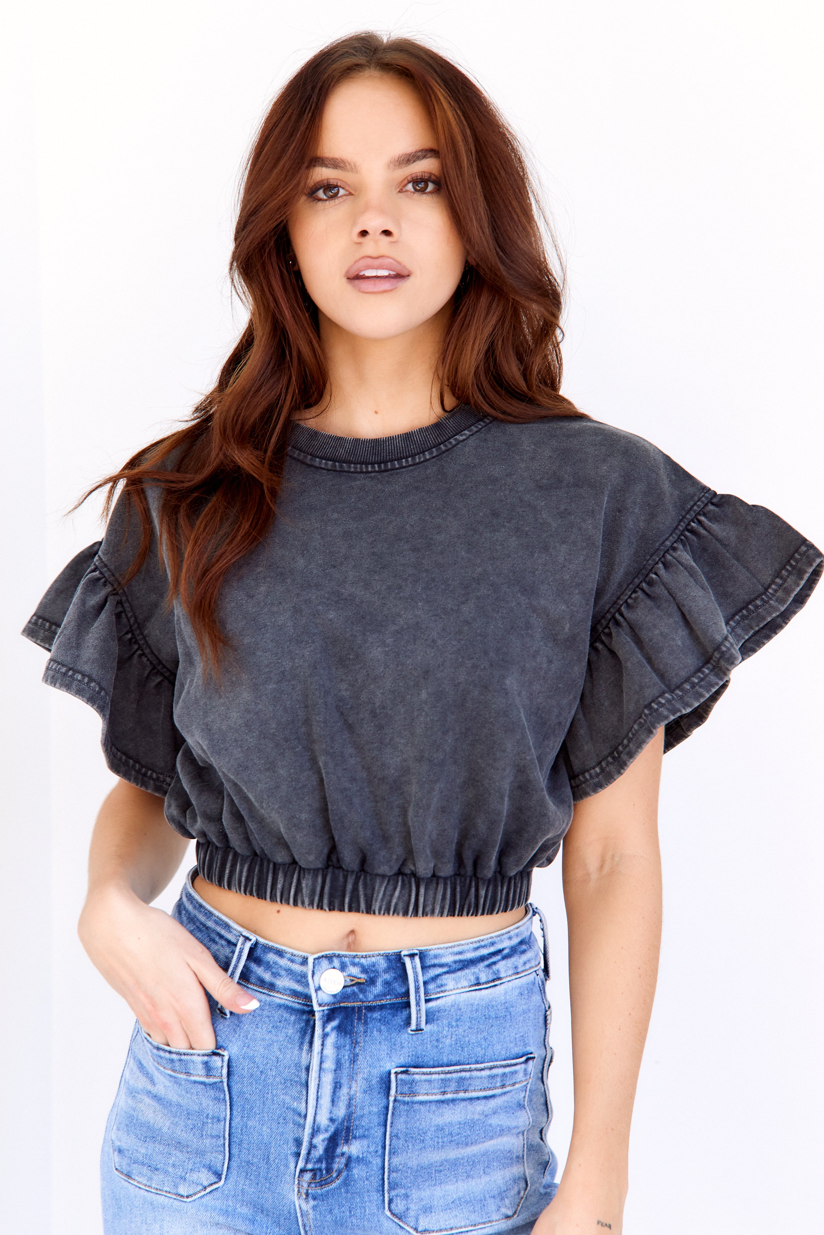 Chelsea Washed Flutter Sleeve Top - fab'rik