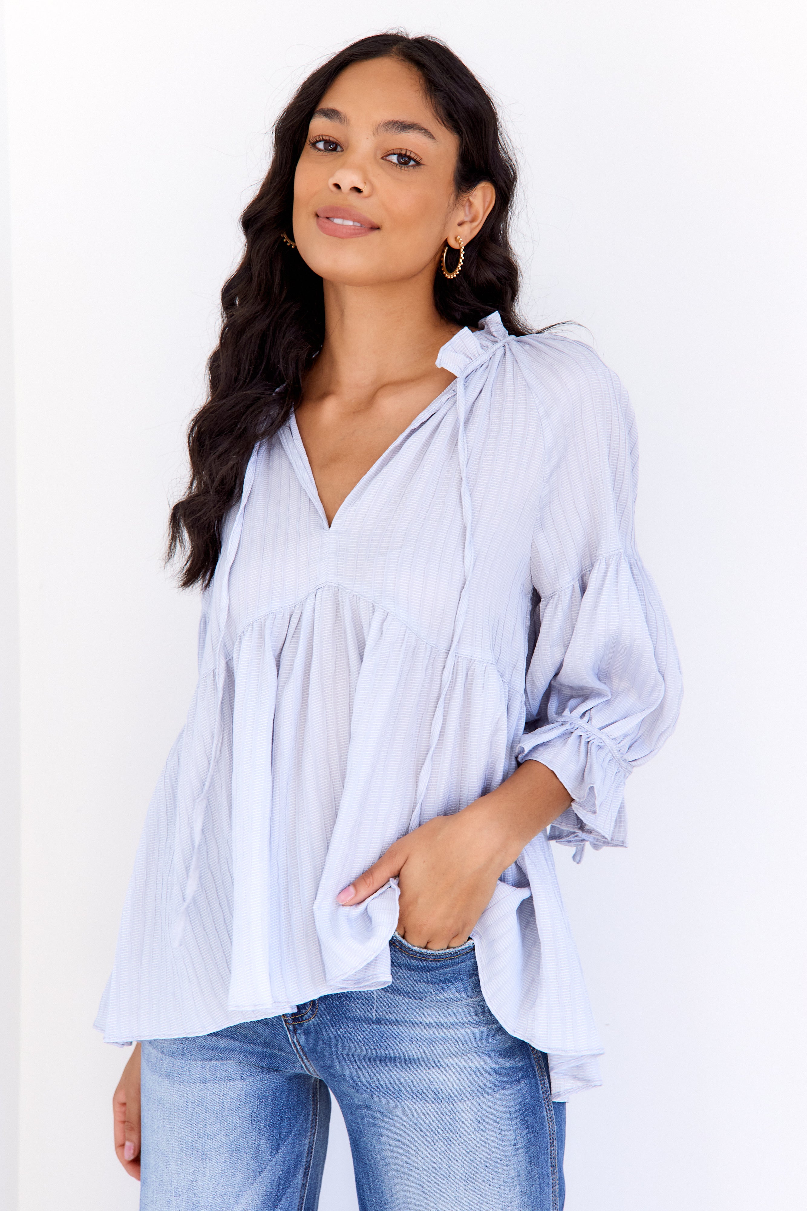 Aspen Textured Stripe Tie Neck Blouse - fab'rik