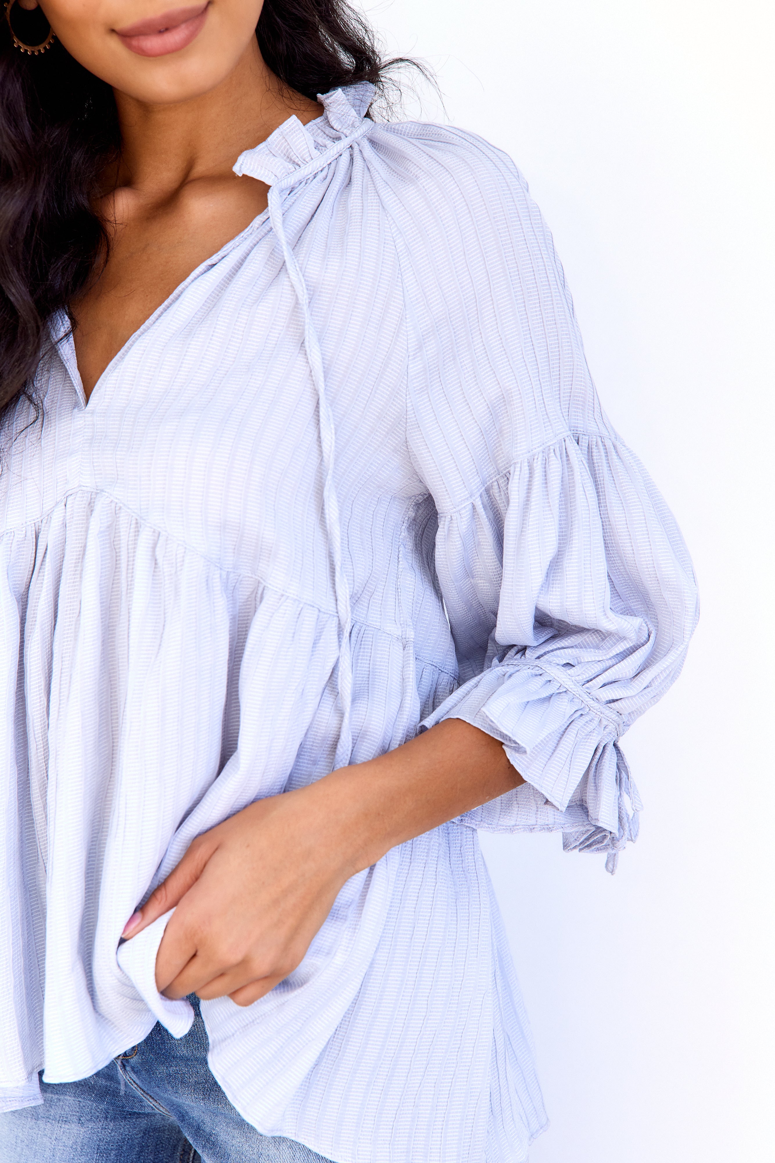 Aspen Textured Stripe Tie Neck Blouse - fab'rik