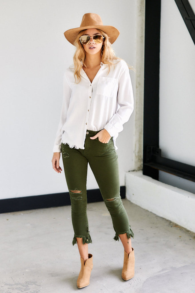 Darby Distressed Hem Button Down Top - fab'rik